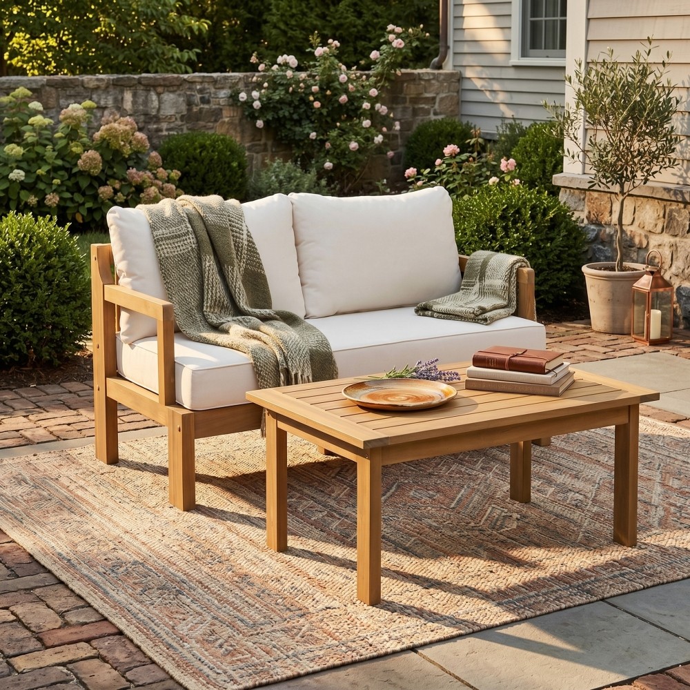 Acacia Wood 2-Piece Outdoor Chat Set with Water Resistant Cushions – White