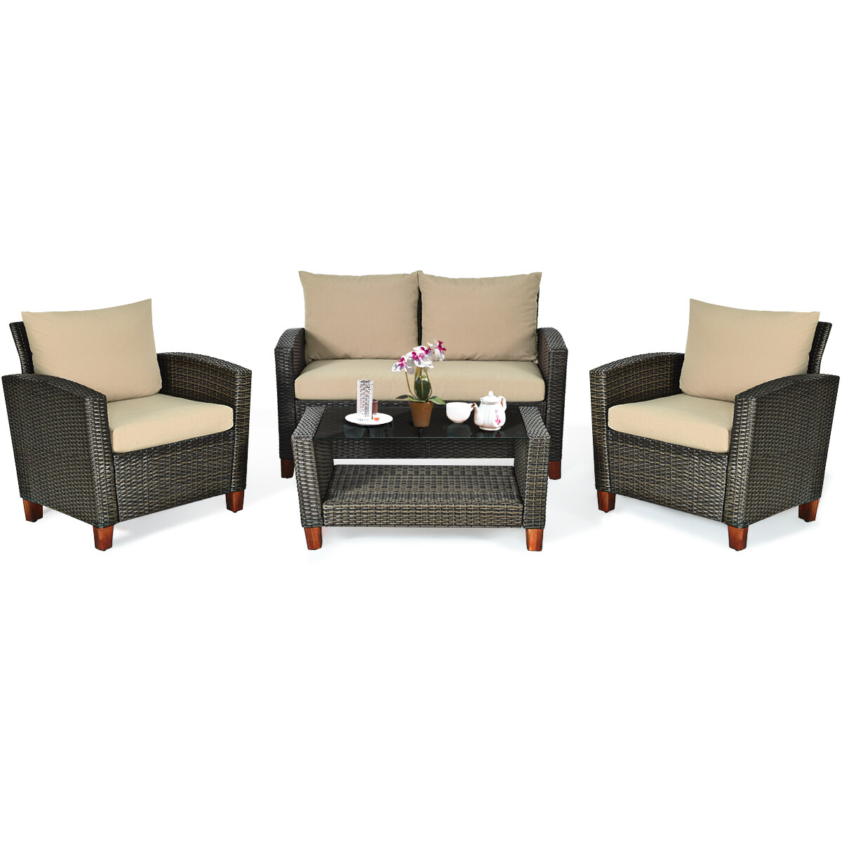 4PCS Patio Rattan Furniture Set Solid Wood Leg Cushioned Sofa Garden Lawn