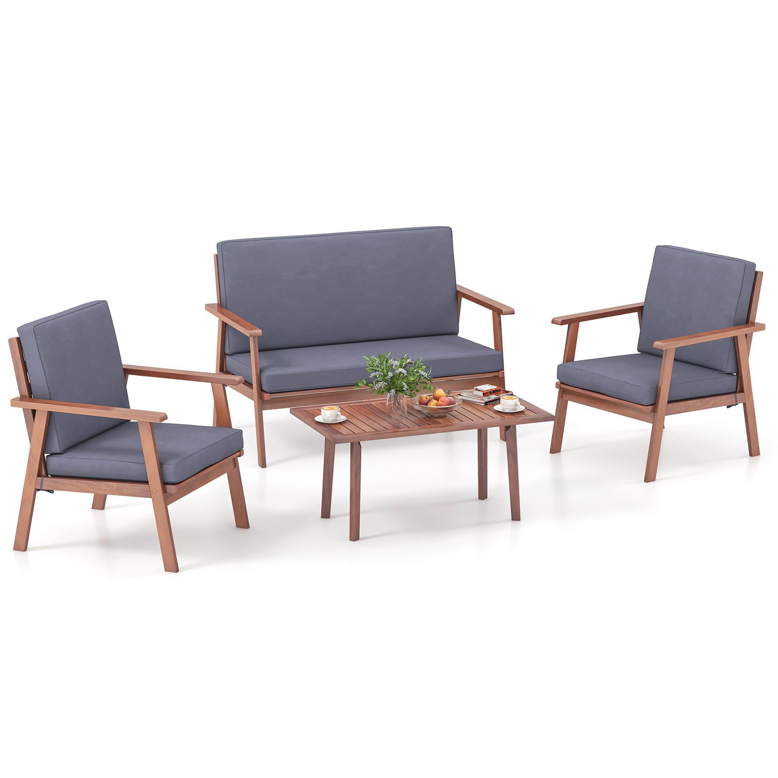 4 PCS Patio Conversation Set Acacia Wood Sofa Coffee Table w/ Cushioned Seat
