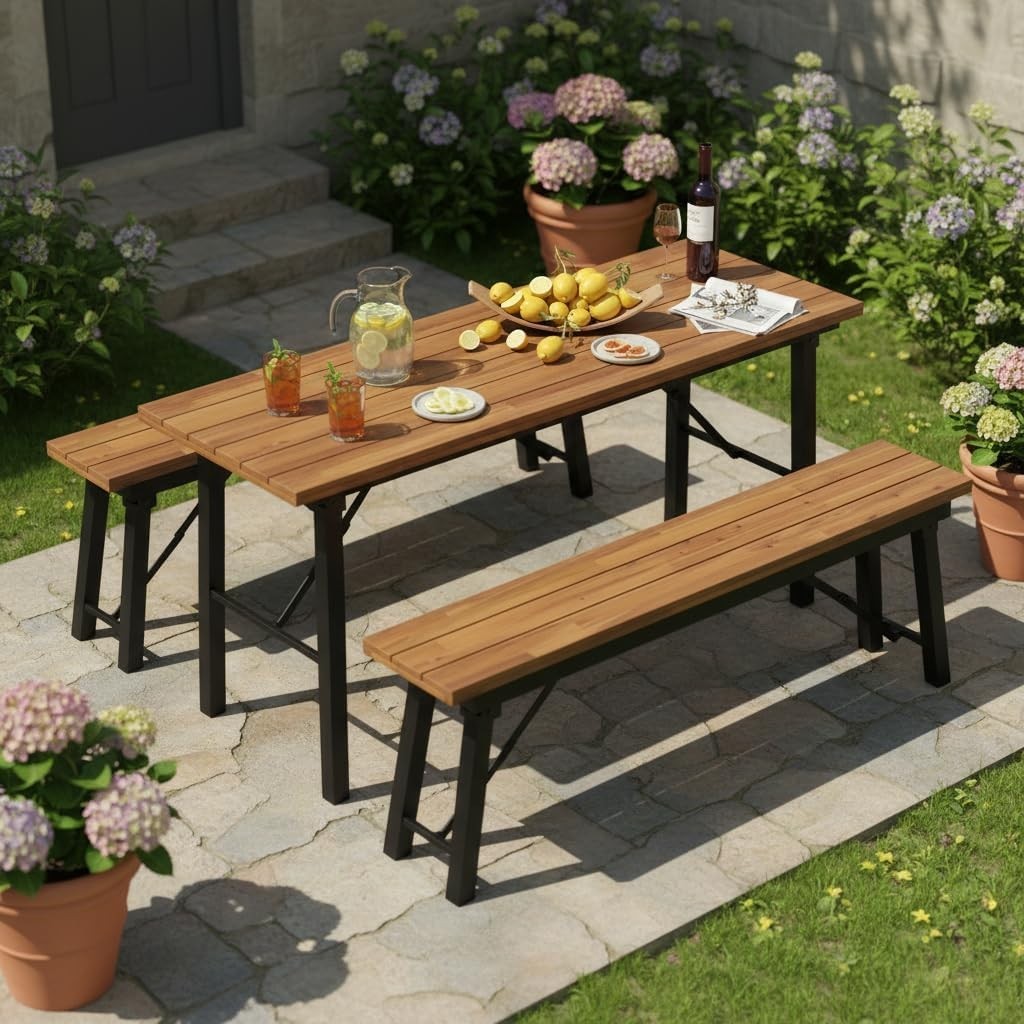 Outdoor Folding Bench Set of 2, 55” 2-3 Person Acacia Wood Backless Patio Dining