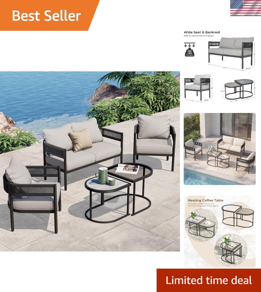 Durable 5-Piece Outdoor Sofa Set with Thick Cushions – Perfect for Gardens