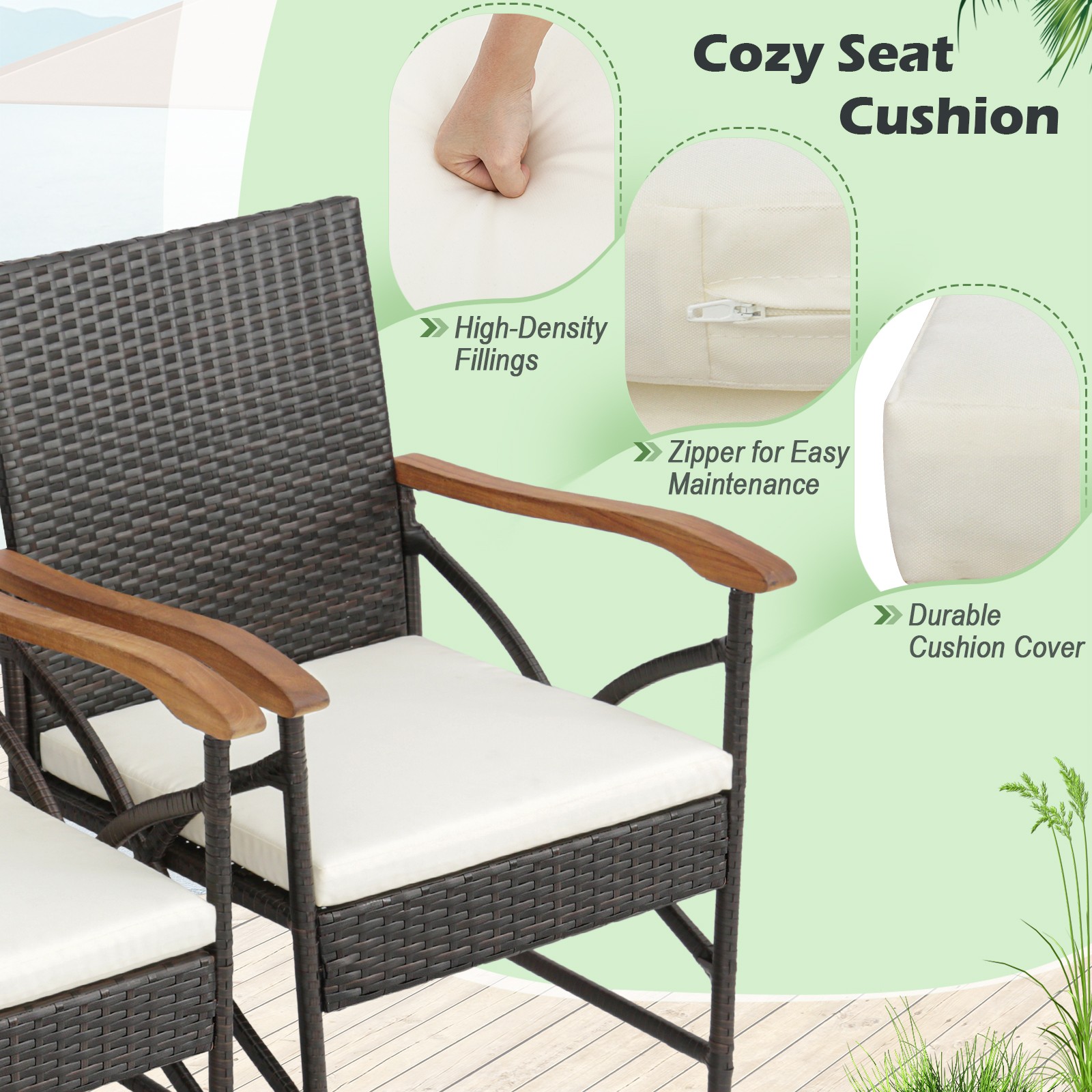 9 Pieces Patio Rattan Dining Set with Acacia Wood Table, 1.9″ Umbrella Hole
