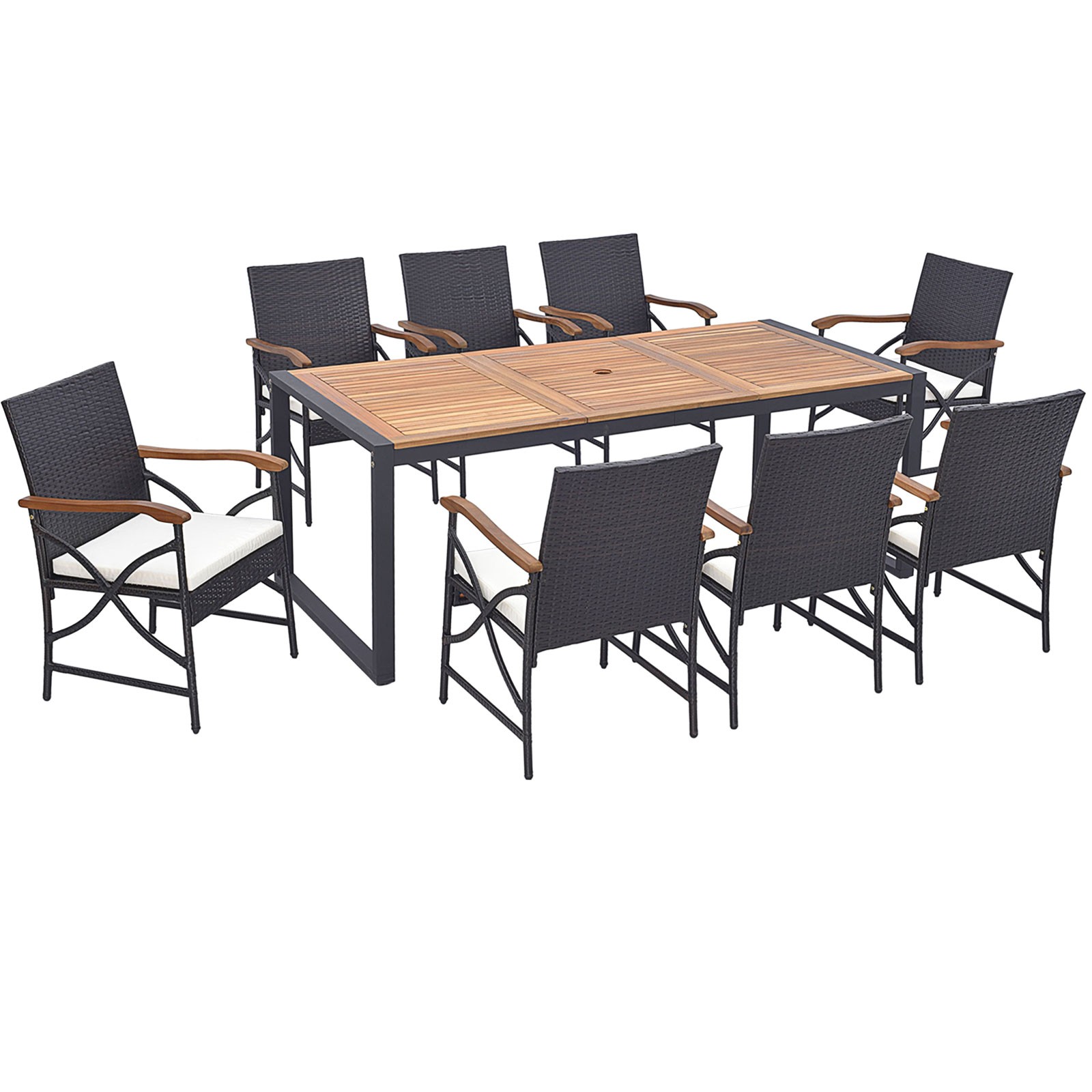 9 Pieces Patio Rattan Dining Set with Acacia Wood Table, 1.9″ Umbrella Hole
