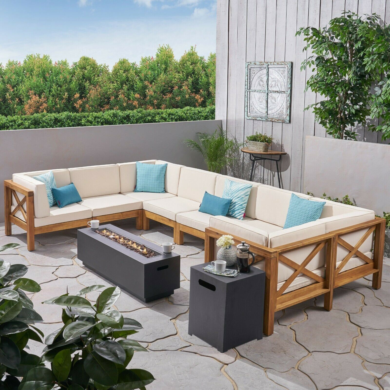 Muriel Outdoor Farmhouse Acacia Wood 8 Seater U-Shaped Sectional Sofa Set with F