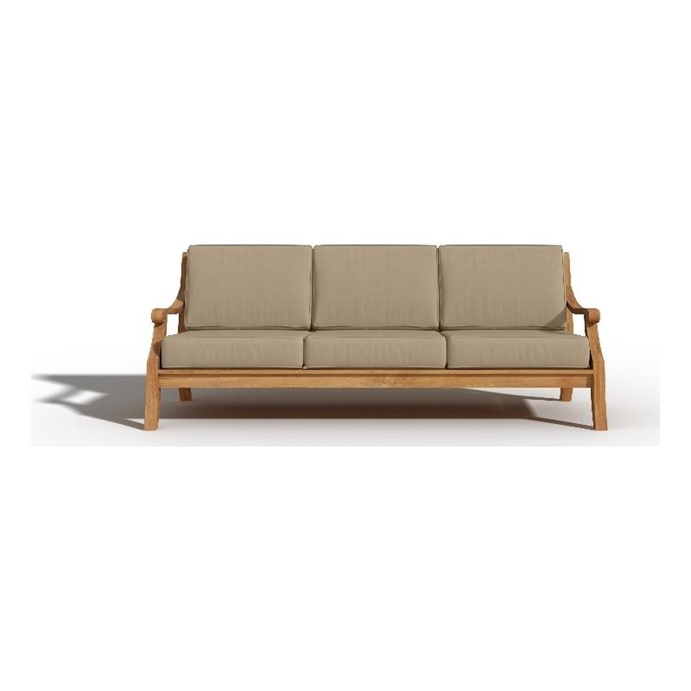 Pemberly Row Traditional 87.25″ Teak Deep Seating Outdoor Sofa with Fawn Cushion