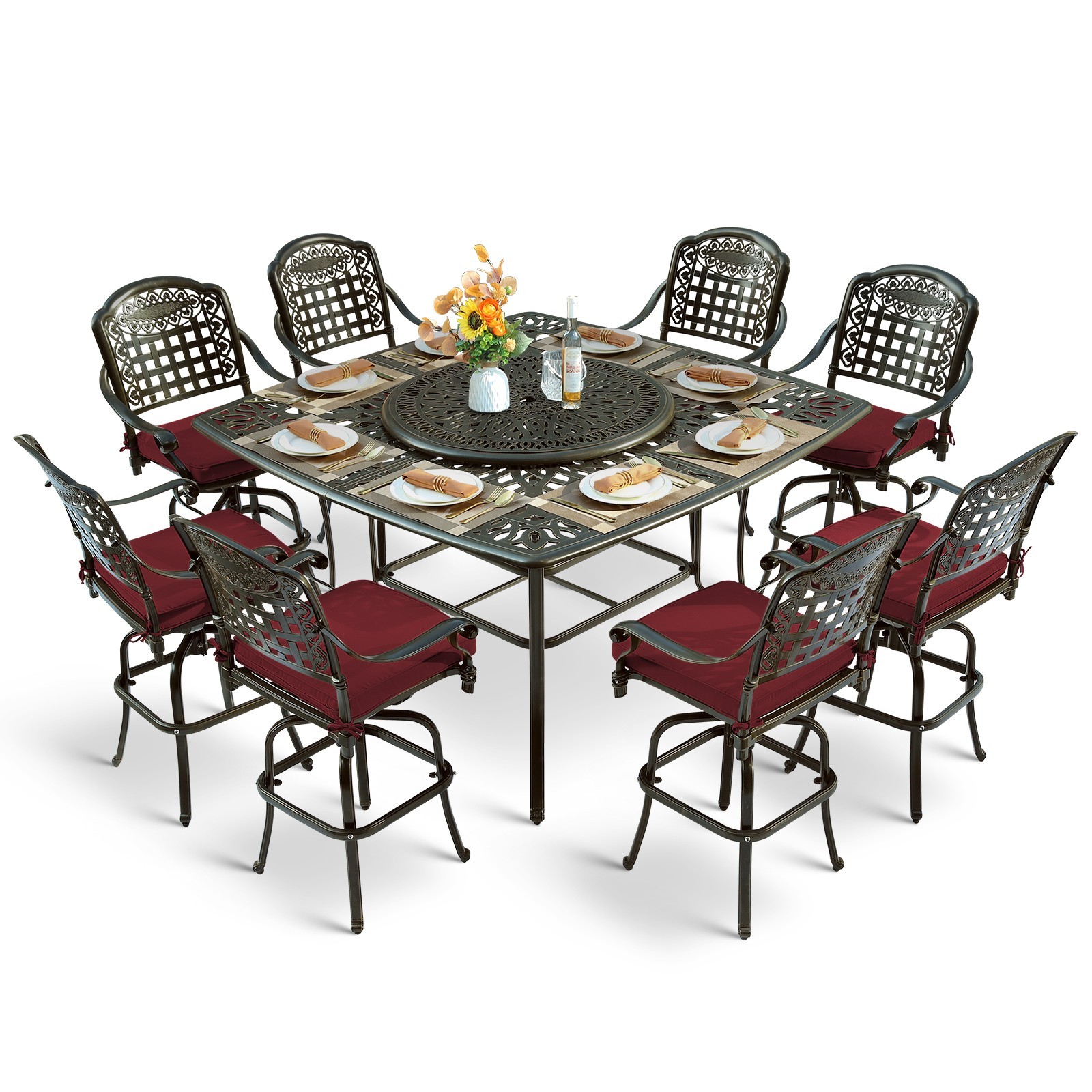 10-PCS Patio Swivel Bar Stools Set with Outdoor Bar Height Table and Lazy Susan