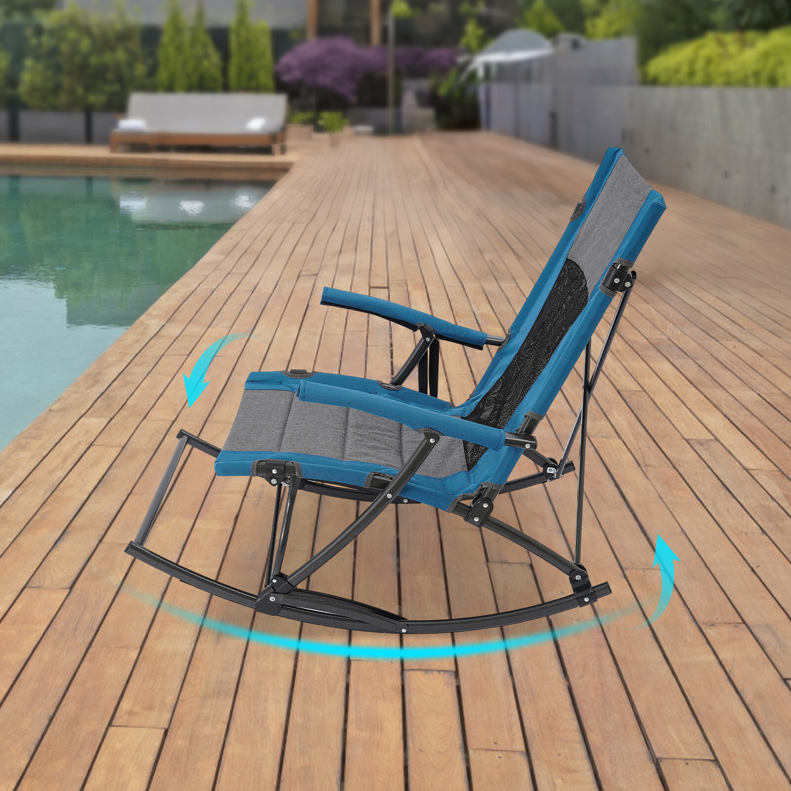 Folding Rocking Camping Chair Steel Frame Oxford Mesh Back Cup Holder 330 lb