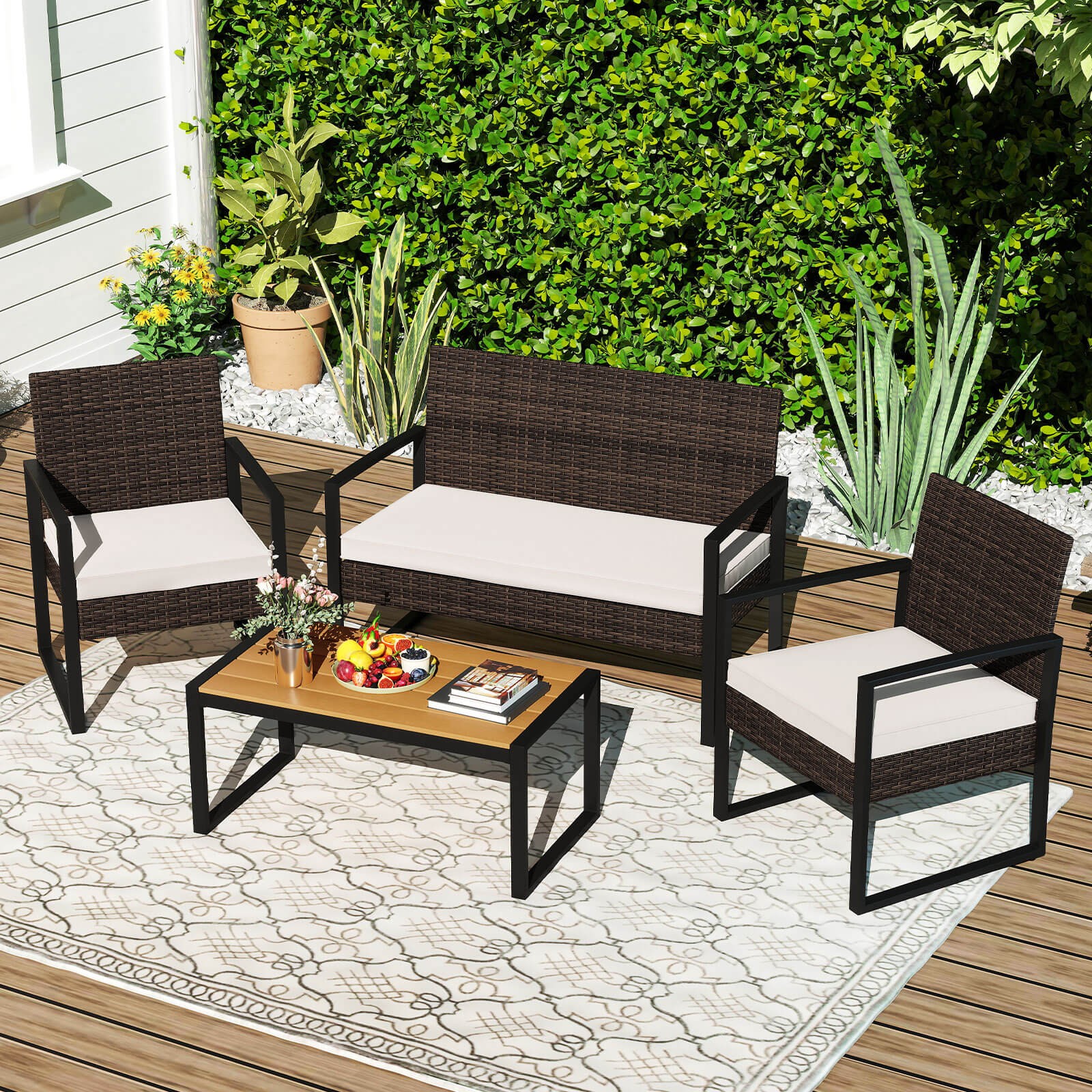 4 PCS Patio Furniture Set w/ Cushioned Chairs & Wood Plastic Coffee Table