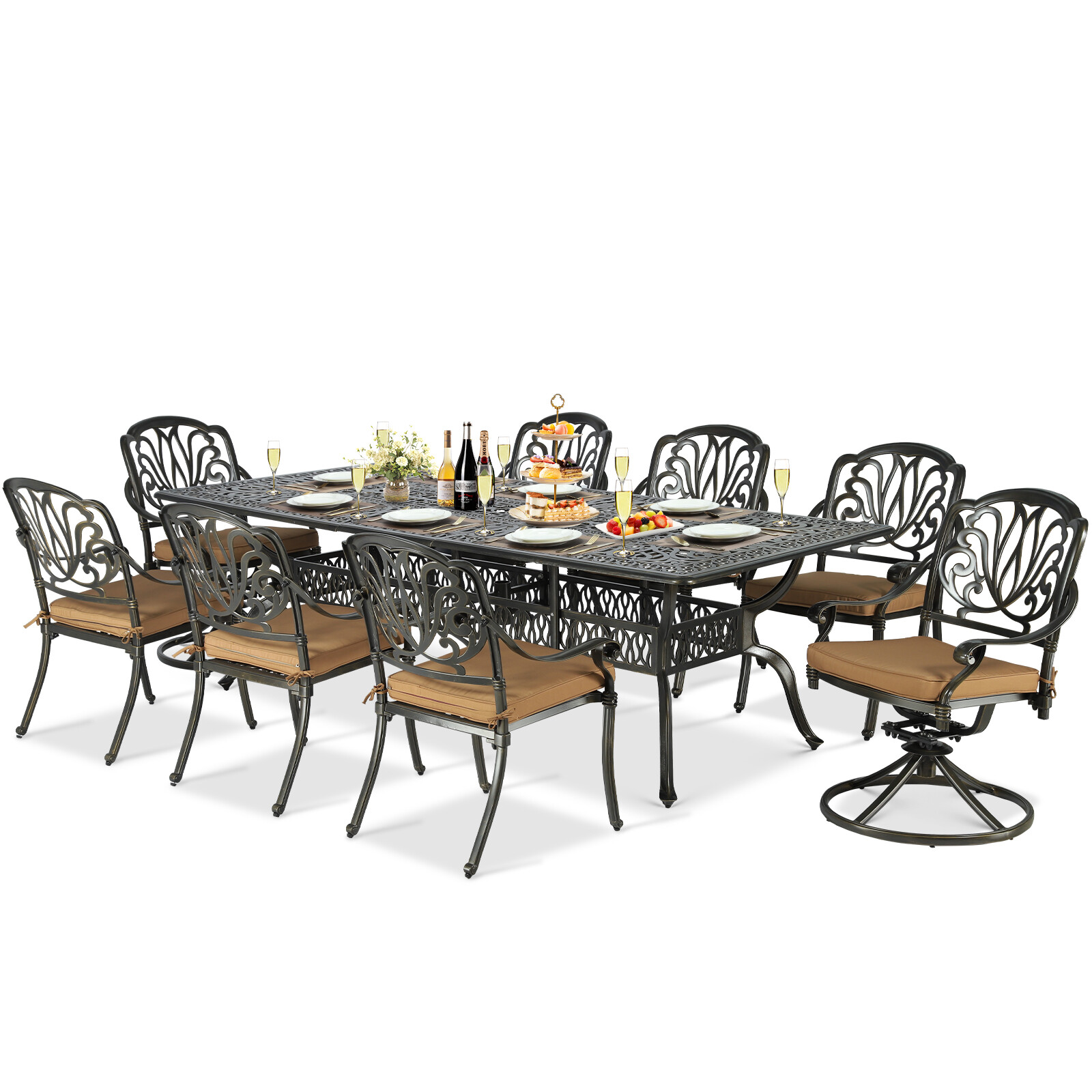 9 PCS Cast Aluminum Outdoor Patio Furniture Rectangle Table & Chairs Set for 8