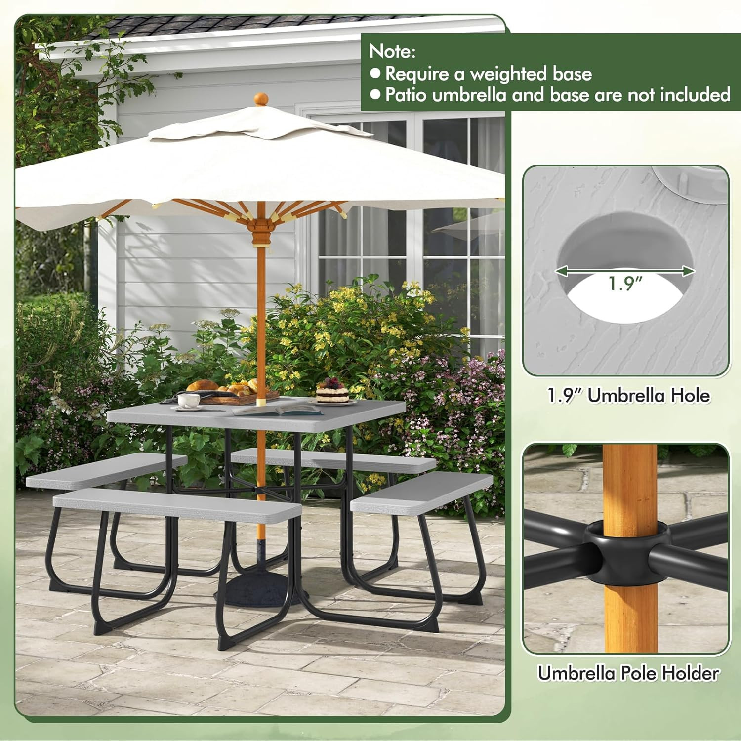 4-8 Person Square Picnic Table Bench Set with Umbrella Hole, Outdoor Camping Ta