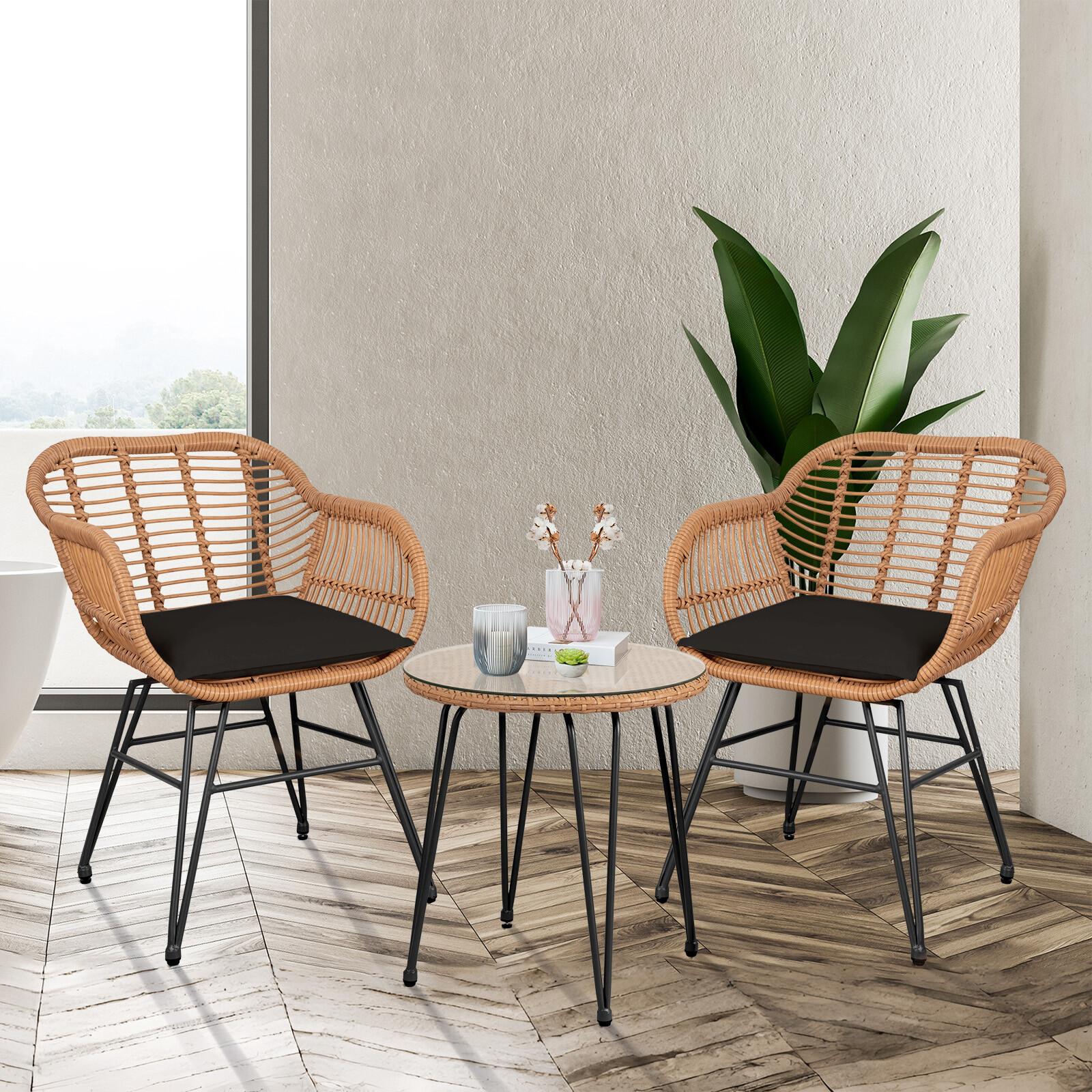 Small Patio Furniture Set Rattan Chair Bistro Table Chairs with Chair Cushions