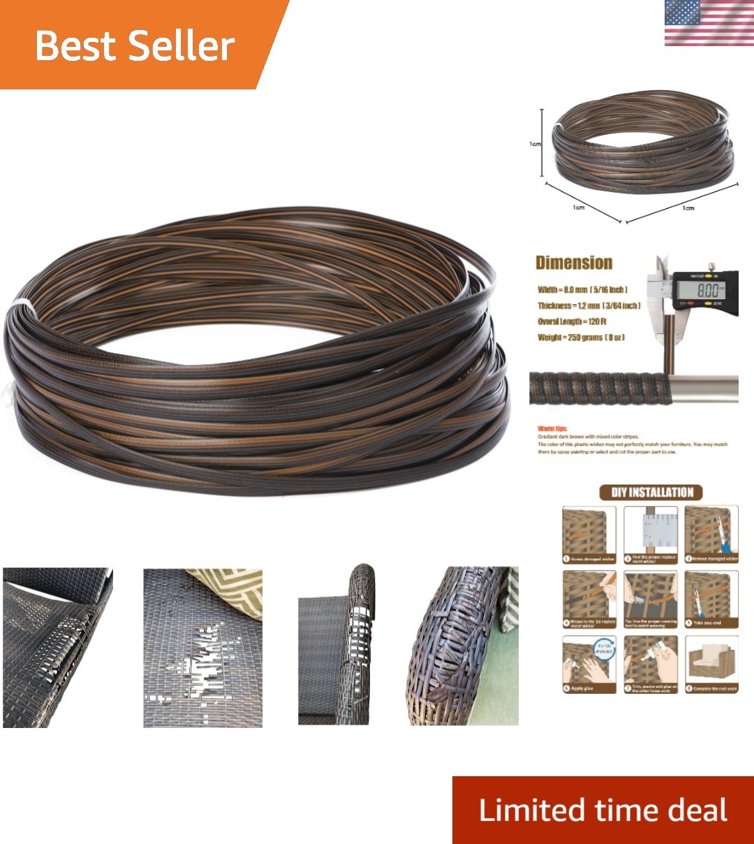 120 Ft Gradient Dark Brown Wicker Repair Kit – Durable Synthetic Rattan Supplies