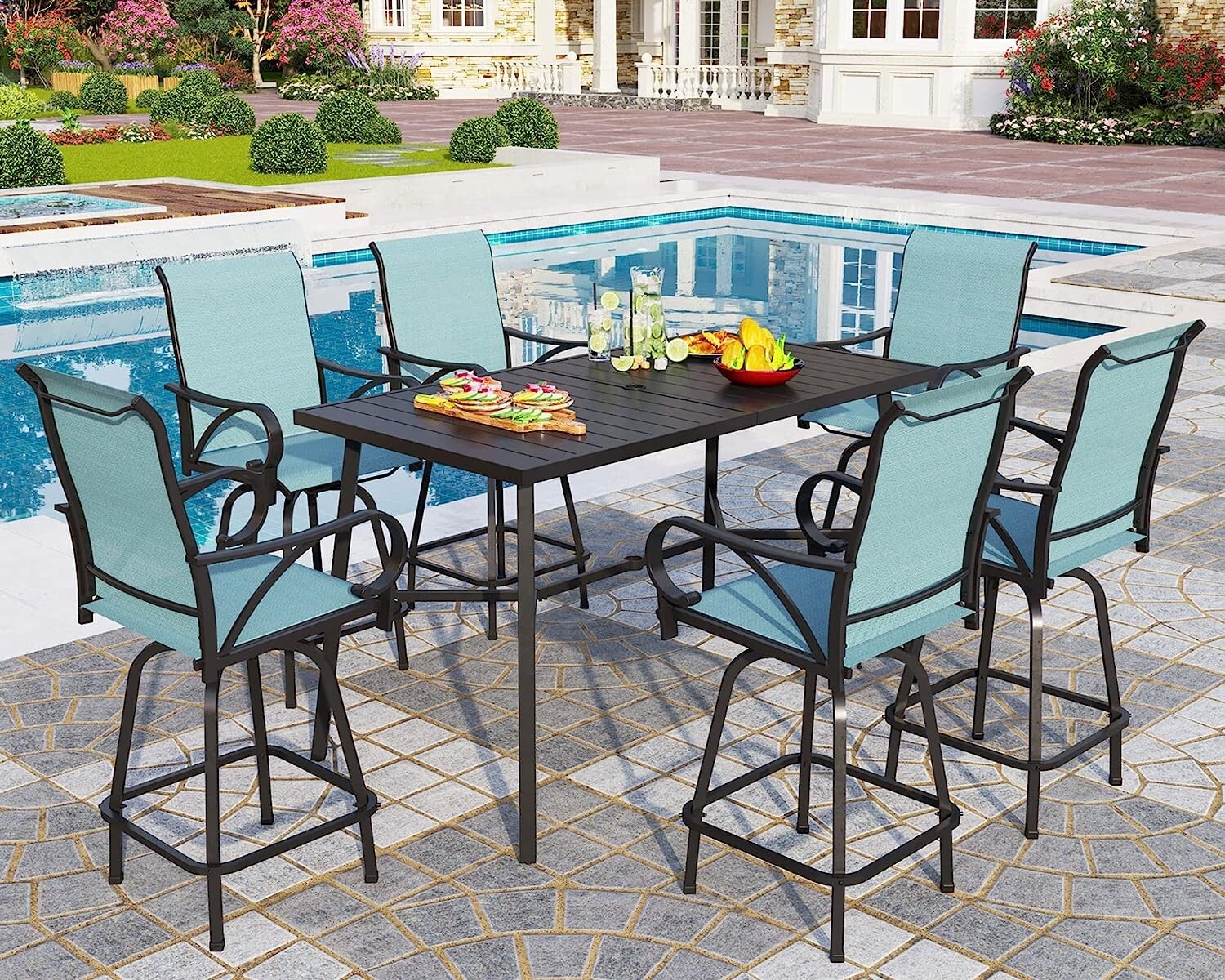 Patio Bar Table Chair Set of 7 Swivel Bar Height Chair Bar Chairs Outdoor Stools