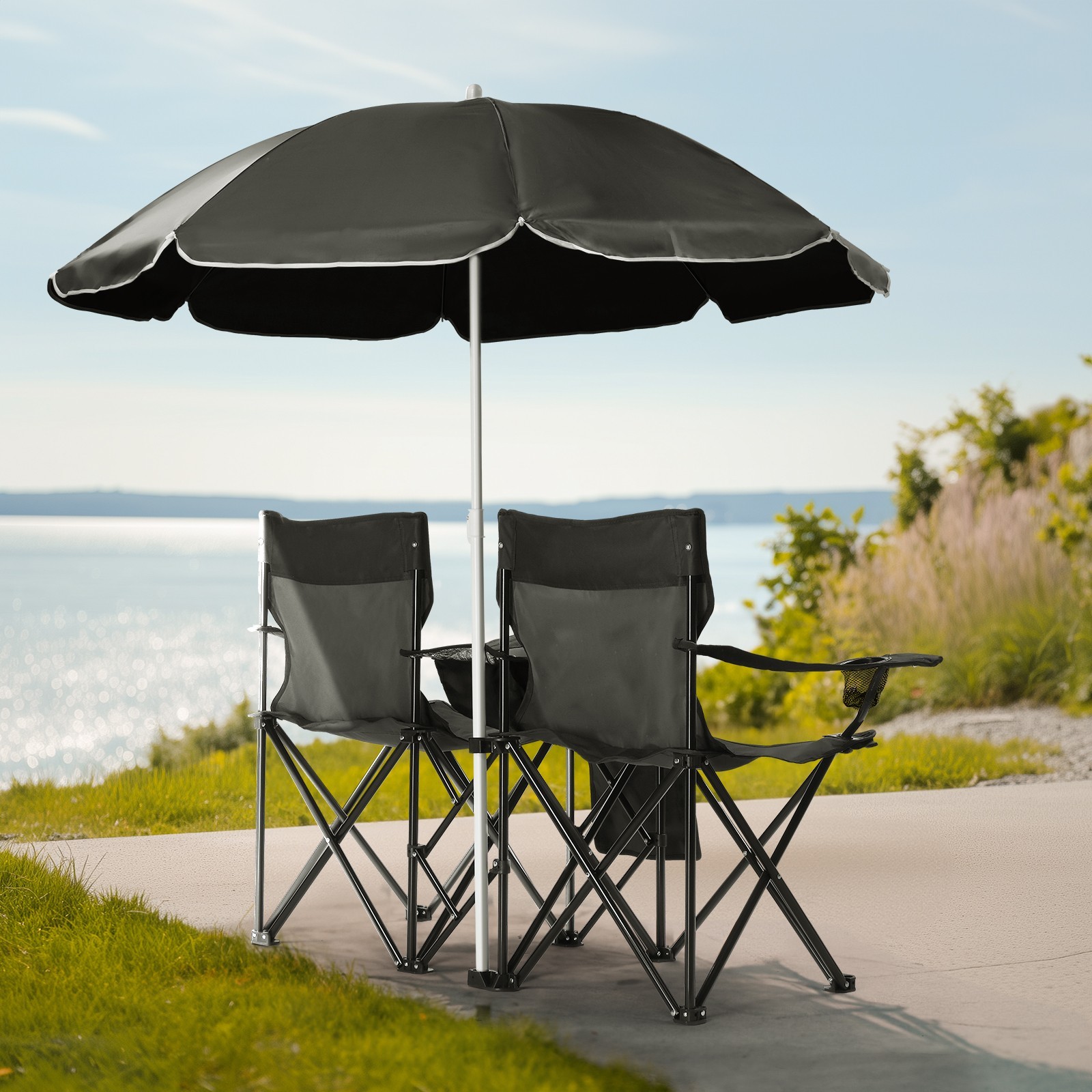 ❄️FREE SHIPPING!❄️2 Foldable Outdoor Chairs & Umbrellas 4 Camping or Tailgating!
