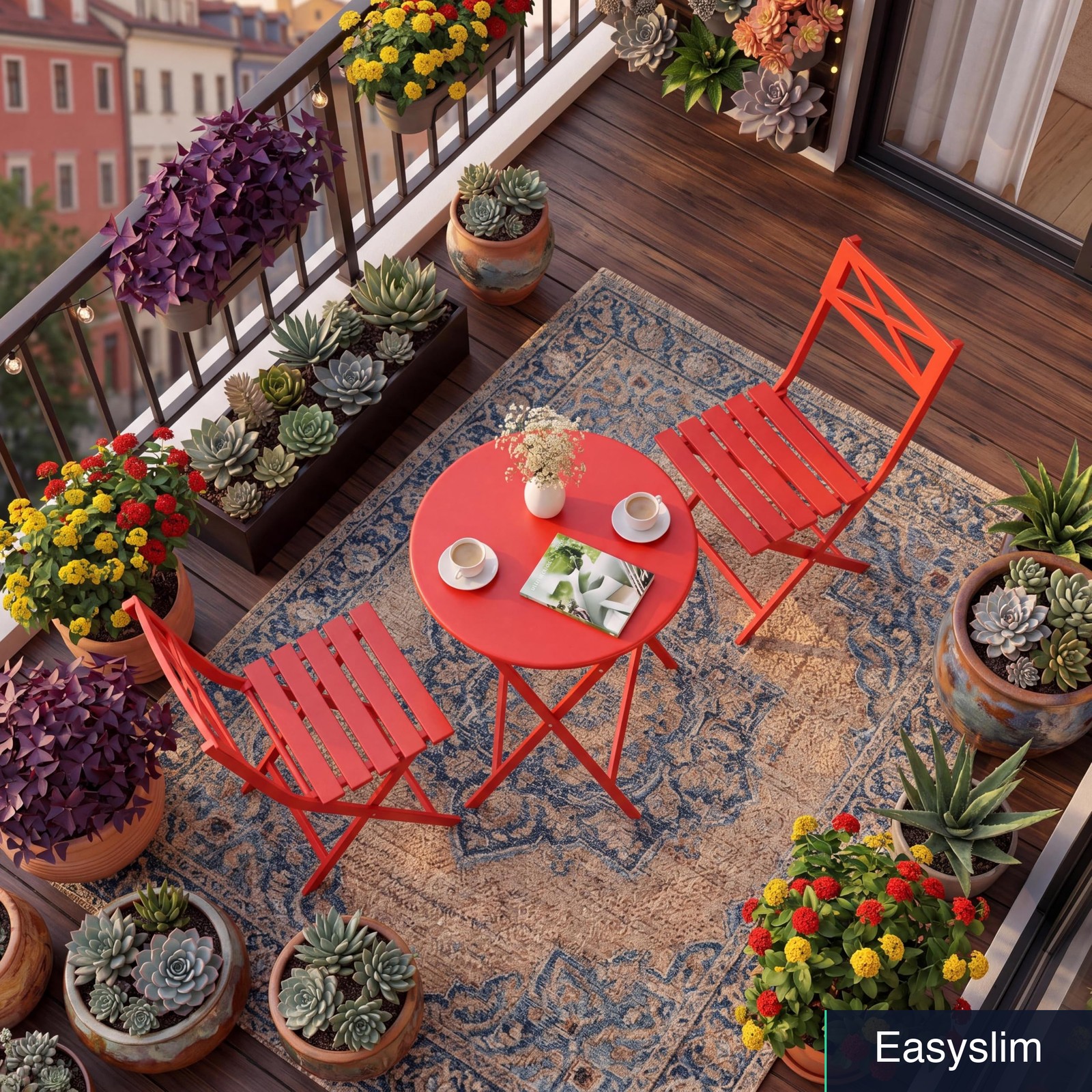 Folding Bistro Set Red 3-Piece Outdoor Patio Furniture Heavy Duty