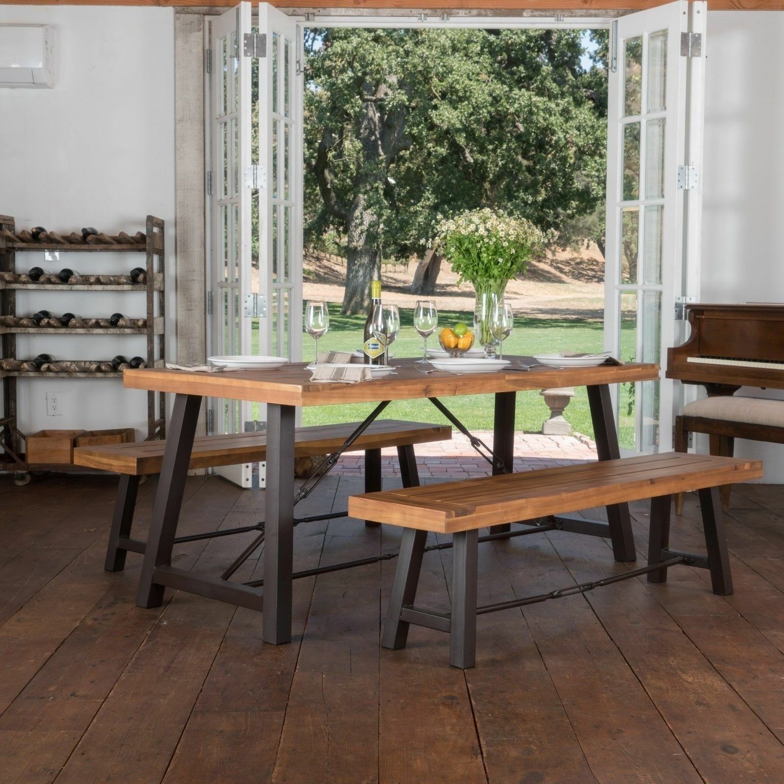 Bramote Farmhouse 4 Seater Benches & Table Picnic Dining Set
