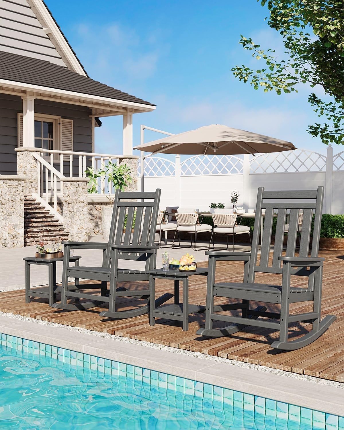 Set of 3 Outdoor Rocking Chair with Side Table HDPE Patio Furniture Rocker Chair