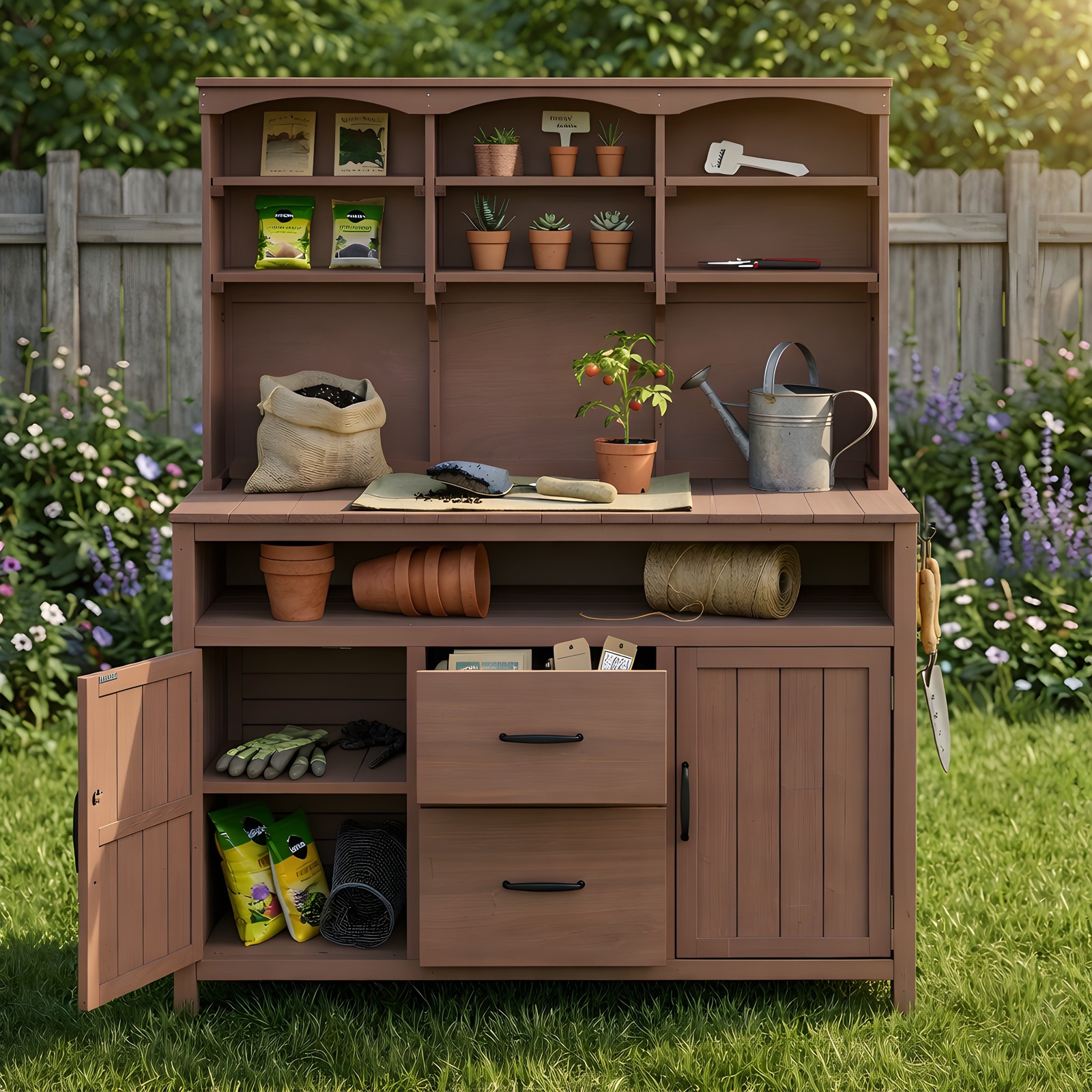 Large Fir Wood Potting Bench with Hutch, Cabinets & Drawers, 45.3″L