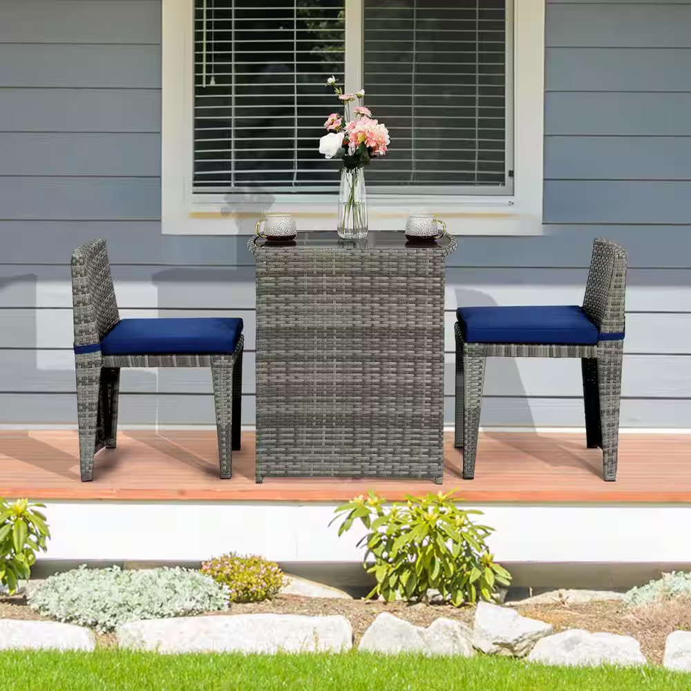 Grey 3-Piece Wicker Outdoor Bistro Set with Navy Blue with Cushions Patio Furnit