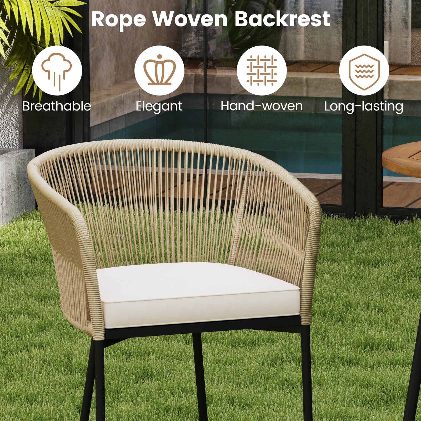 3 PCS Rope Woven Patio Bar Set with Soft Cushions and Acacia Wood Tabletop