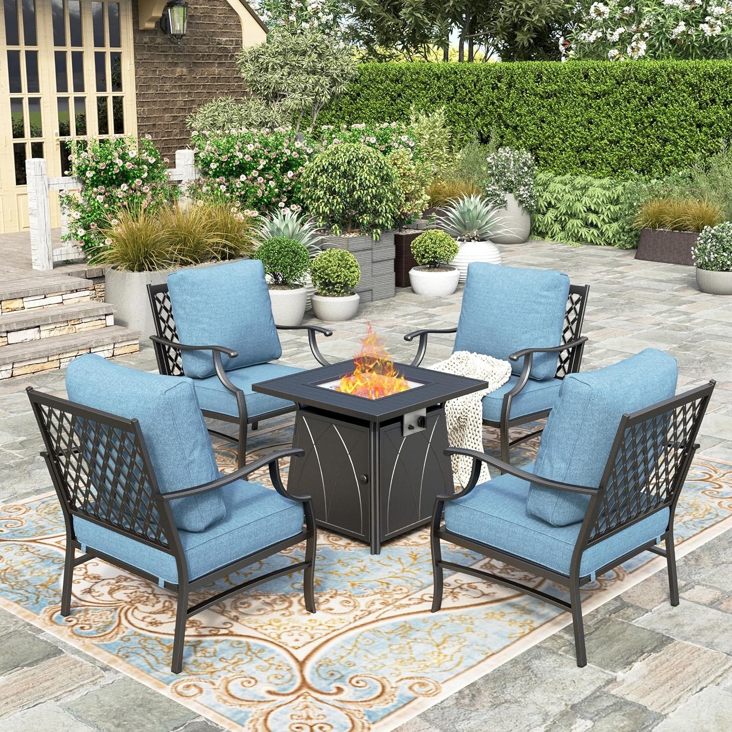 5 Pcs Patio Furniture Set Garden Lawn Outdoor Set with Gas Fire Pit Table Heater