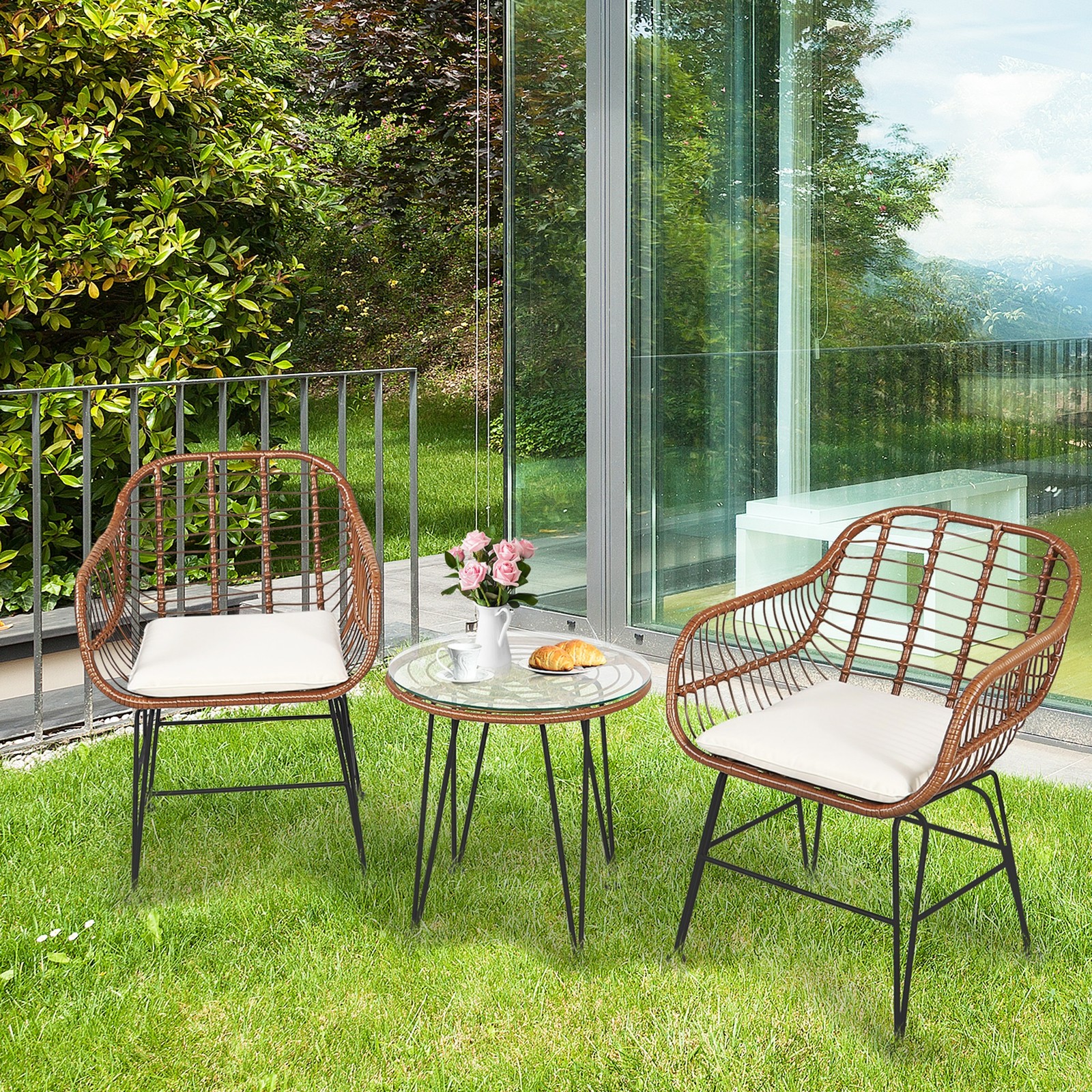 3PCS Rattan Patio Conversation Set Bistro Chat Set w/ Beige Cushions