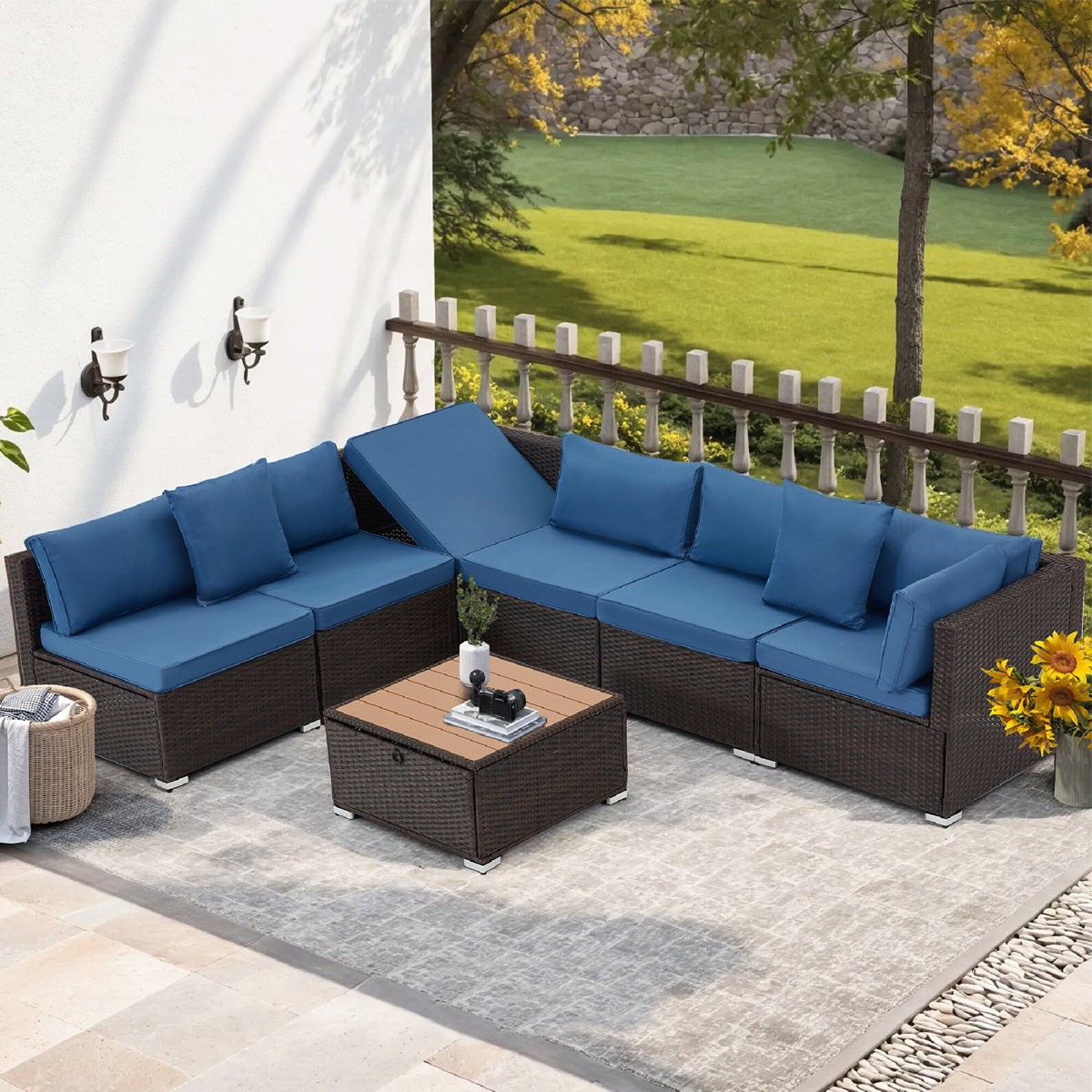 7PCS Outdoor Patio Furniture Set PE Wicker Sectional Sofa w/ WPC Table