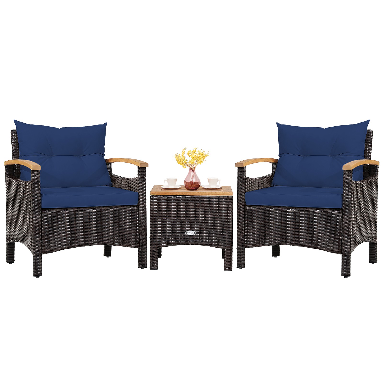 Patiojoy 3PCS Patio Rattan Furniture Set Wooden Armrest Table Top Cushioned Deck