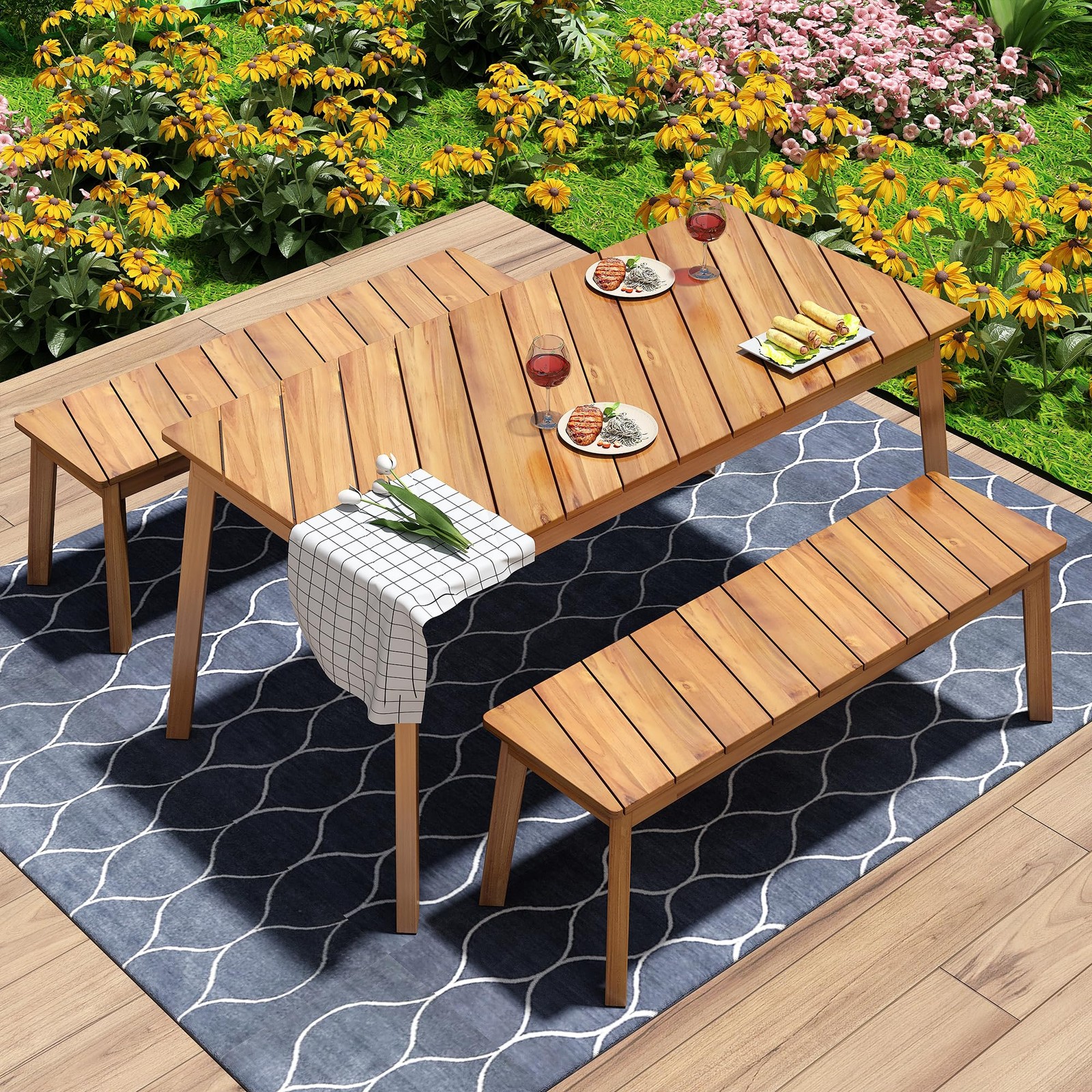 FRALIMK 3-Piece Patio Dining Set for 4-6 People, Solid Acacia Wood Outdoor Ta…