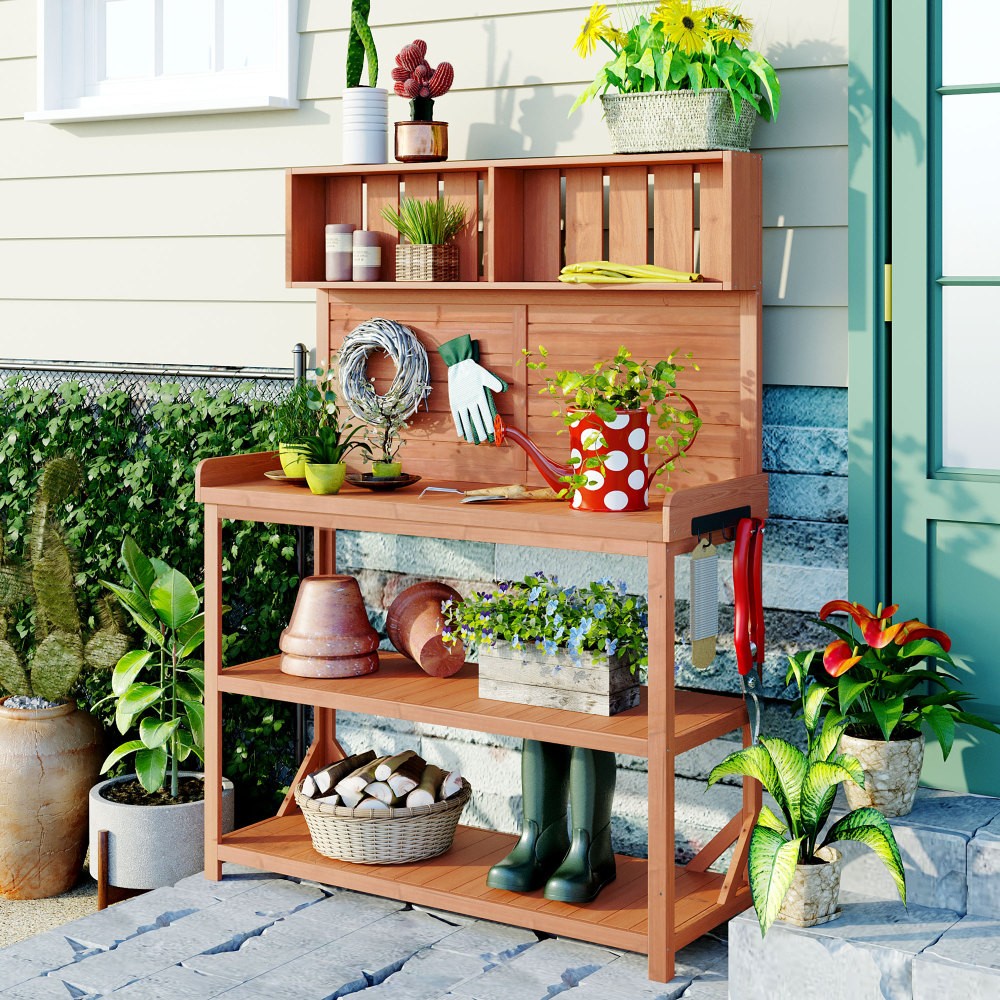 TOPMAX 65″ Large Wooden Farmhouse Rustic Outdoor Potting Bench Table