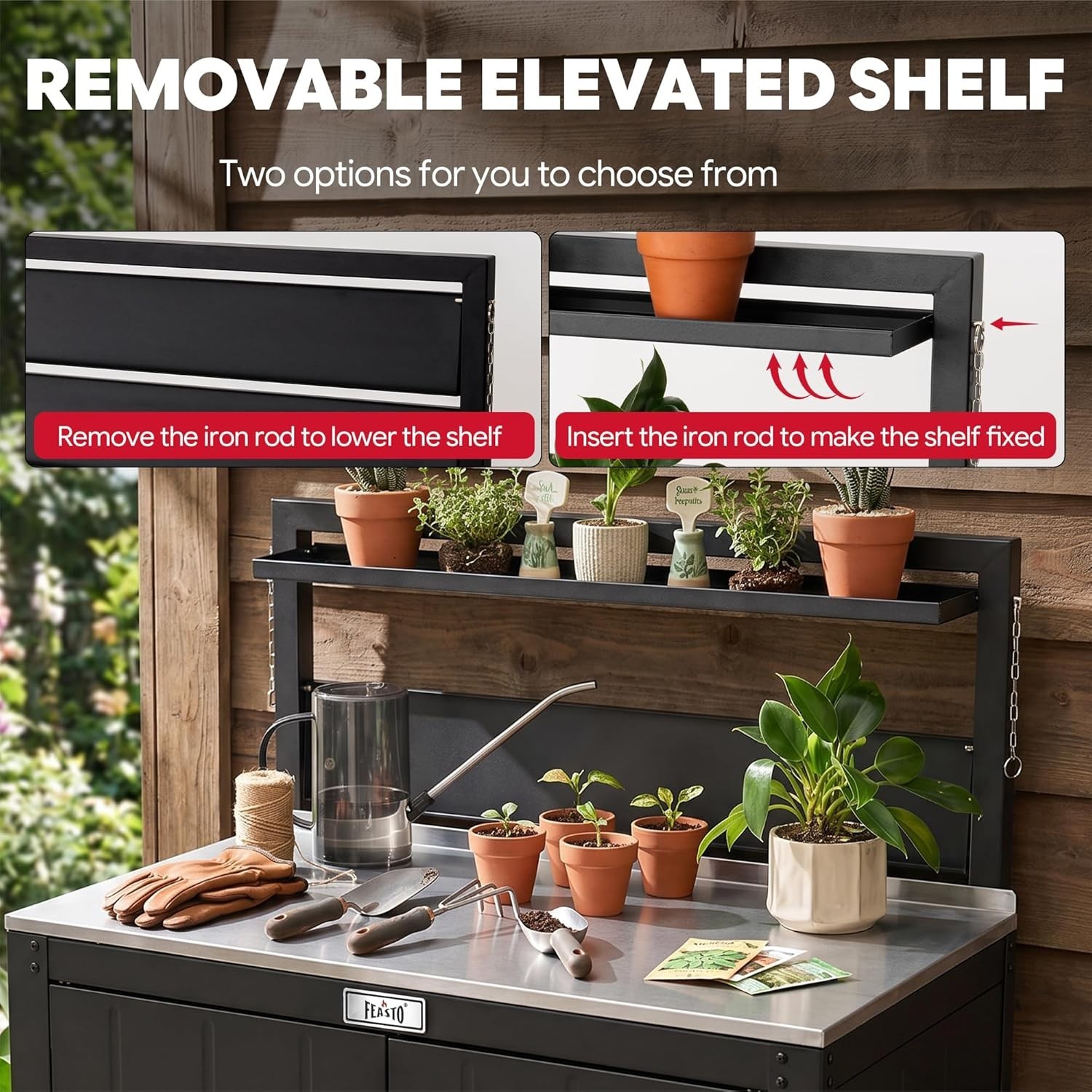 Multi-Purpose Black Gardening Workstation with Raised-Edge & Removable Hutch