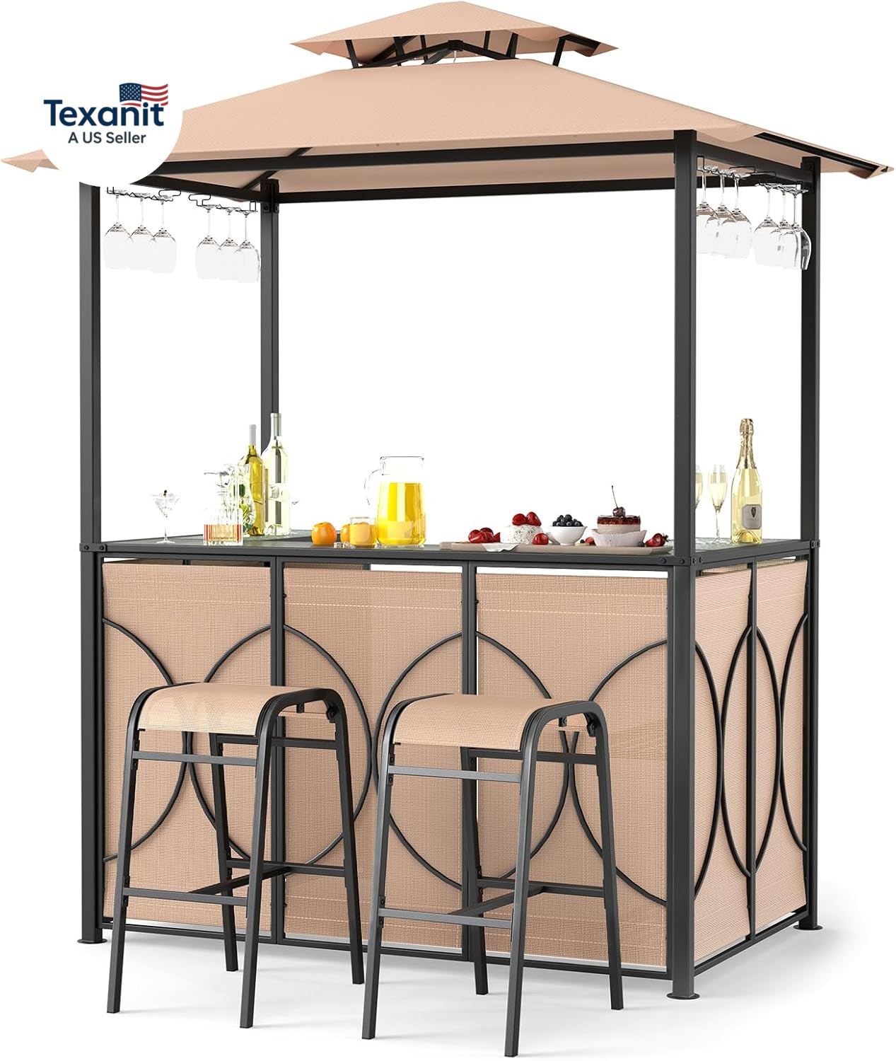 3-Piece Patio Bar Set, Grill Gazebo & 2 Bar Stools with Tempered Glass Bar Table