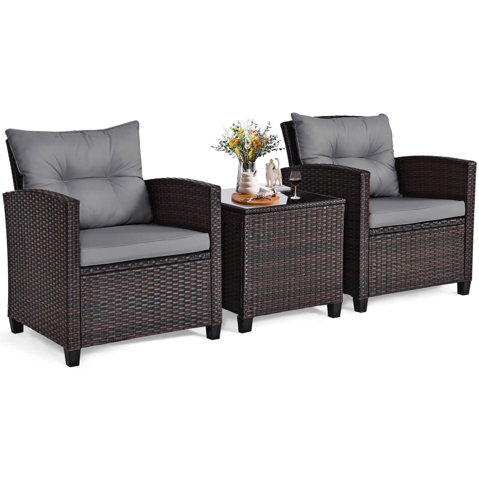 3PCS Patio Rattan Furniture Set Cushioned Conversation Set Sofa Turquoise