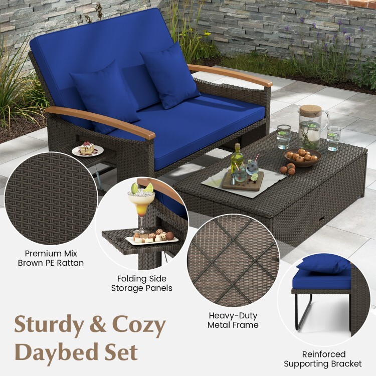 3-in-1 Outdoor Patio Round Daybed Rattan Wicker Loveseat Cushion Storage Ottoman
