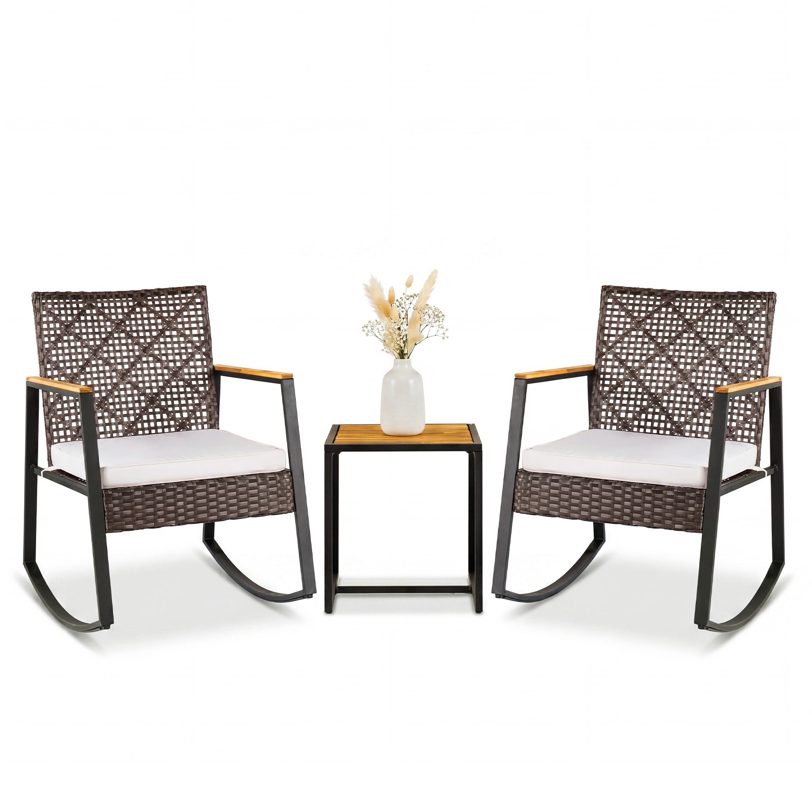 3PCS Outdoor Rocking Chair Set w/Coffee Table Water-Resistant Cushions for Porch