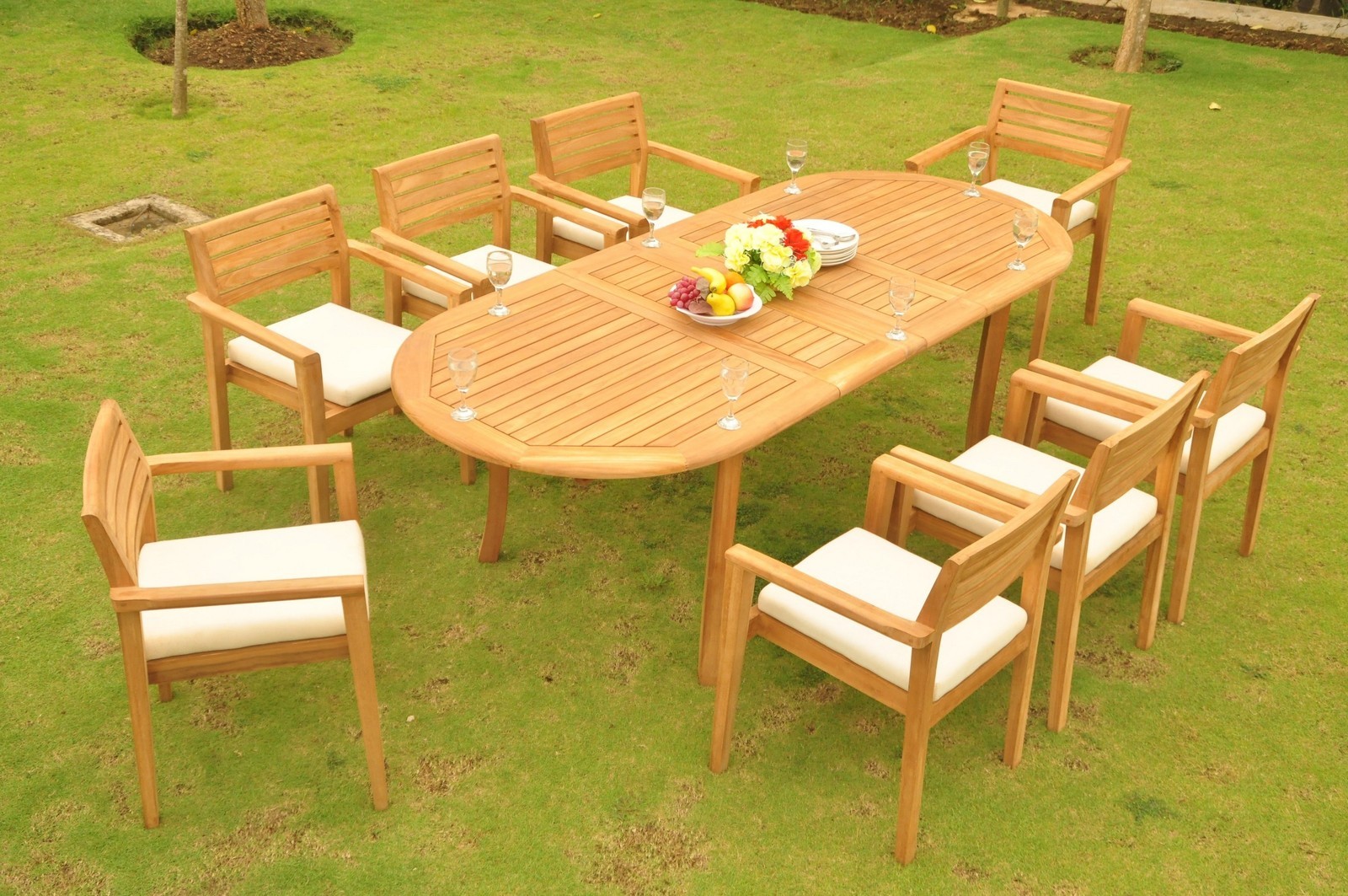 CLEARANCE Montana A-Grade Teak 9pc Dining 94 Oval Table 8 Stacking Arm Chair Set