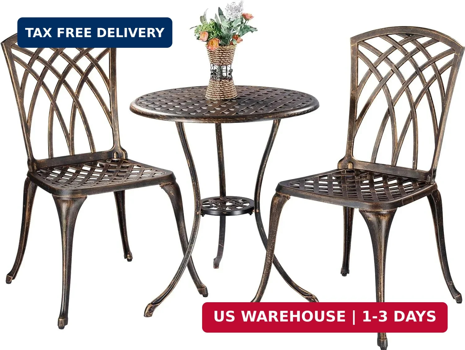 Bistro Set 3 Piece Cast Aluminum Patio Furniture Sets 2 Chairs and 1 Round Table