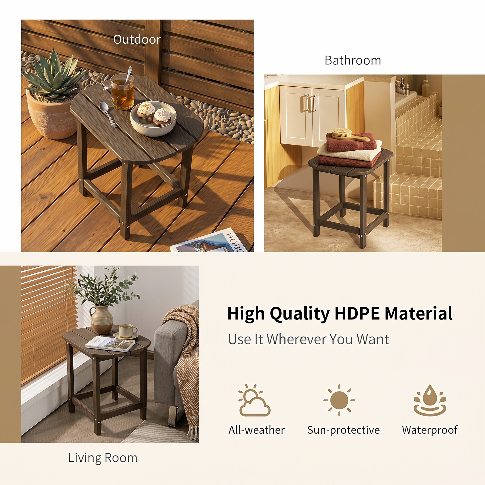 18″ Patio Adirondack Side Table, Weather Resistant, HDPE for Garden, Brown