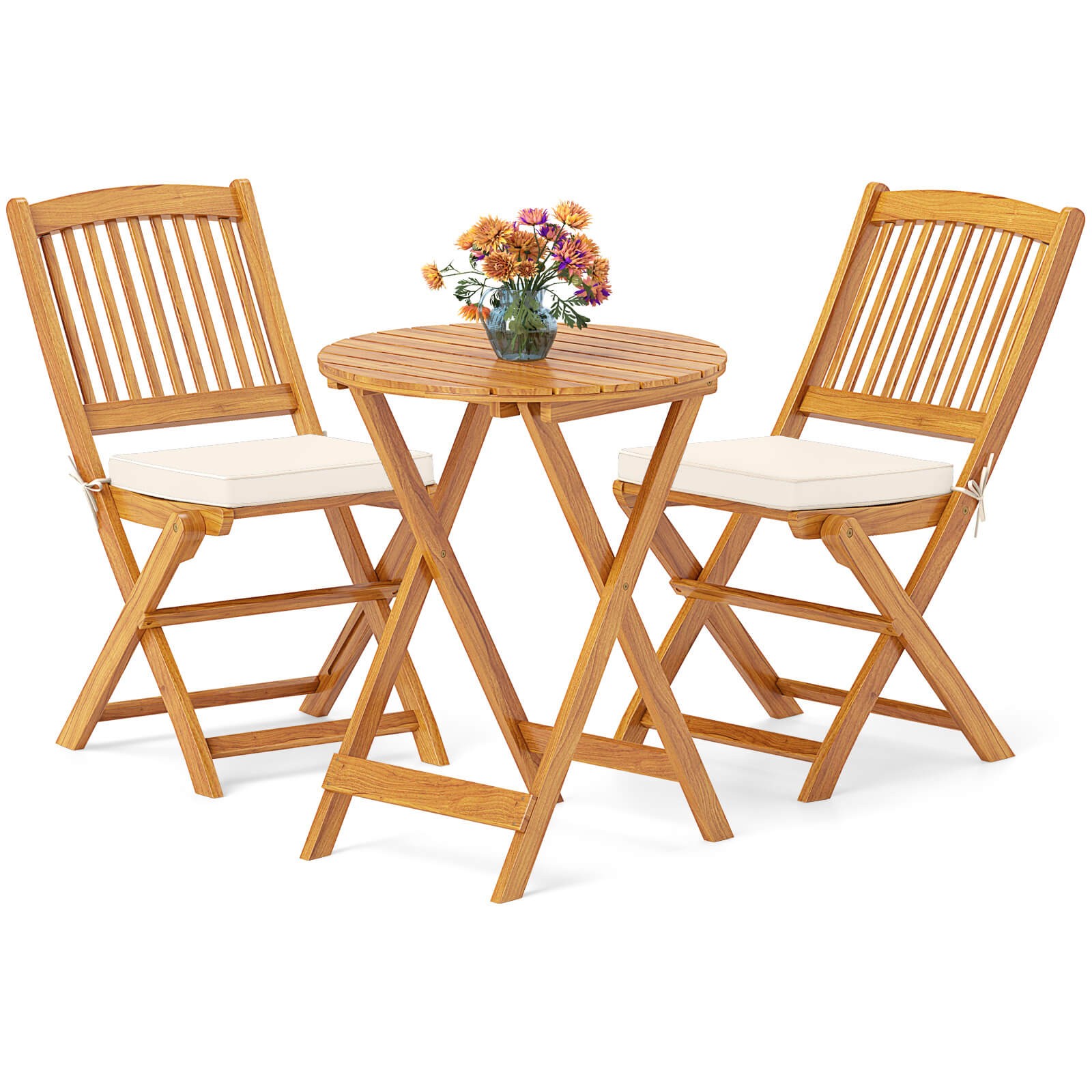 3 Pieces Acacia Wood Patio Bistro Set Folding Table & Chairs Set w/ Cushions