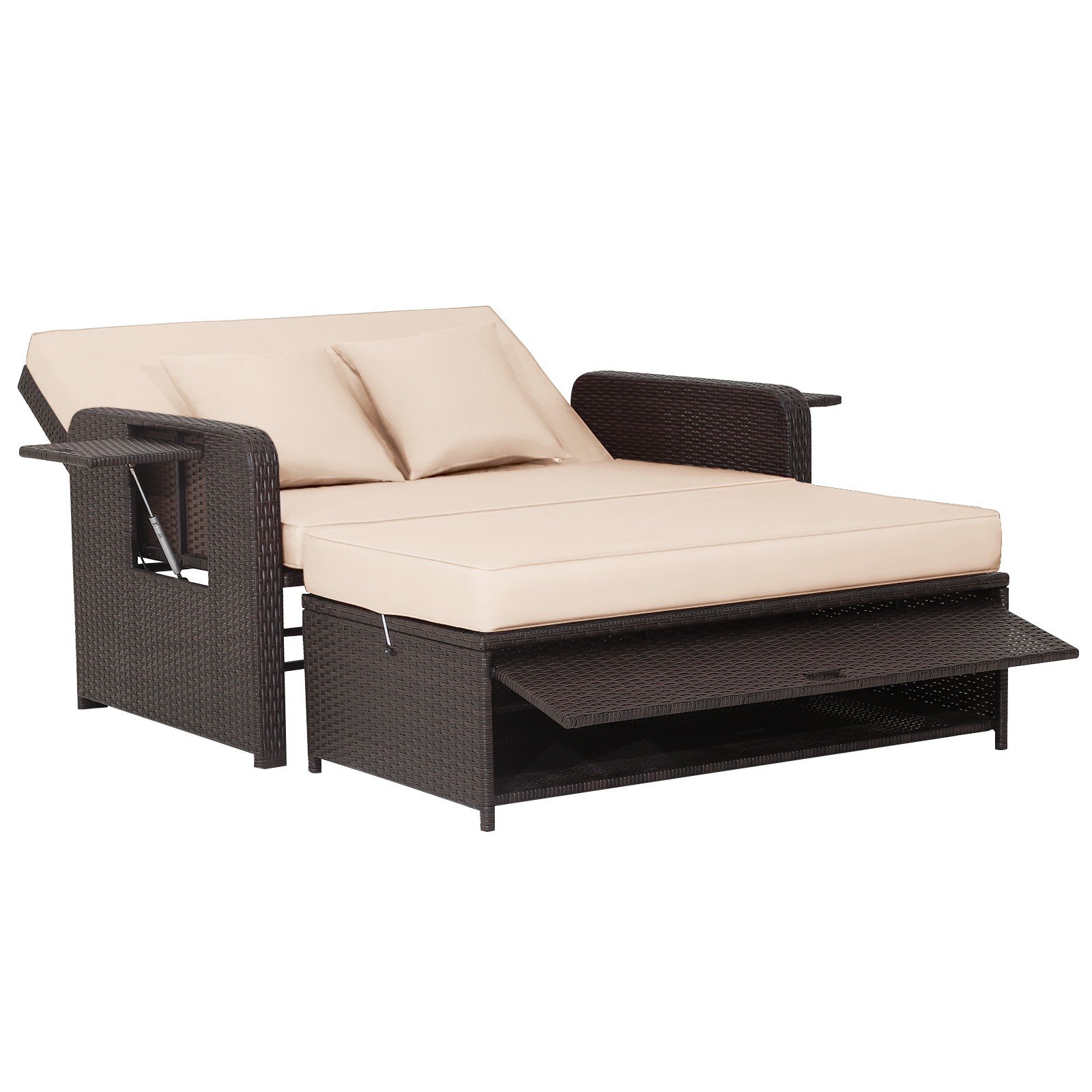 Patio Rattan Daybed Lounge 3 Soft Cushions and 2 Pillows Side Tables Outdoor