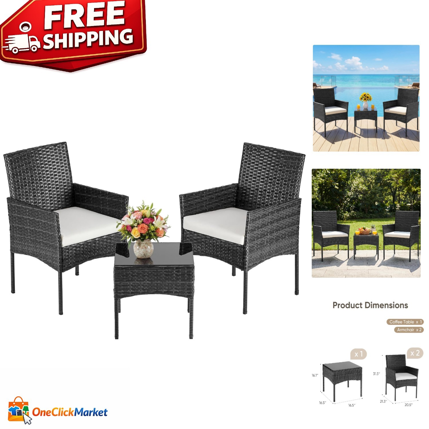 Water-Resistant 3-Piece Wicker Bistro Set – Removable Cushions & Glass Table