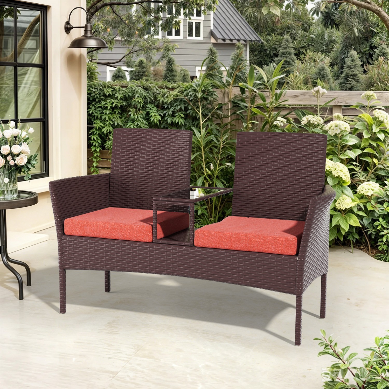 Outdoor PE Rattan Loveseat, Wicker Double Chair with Central Table & Thick Seat