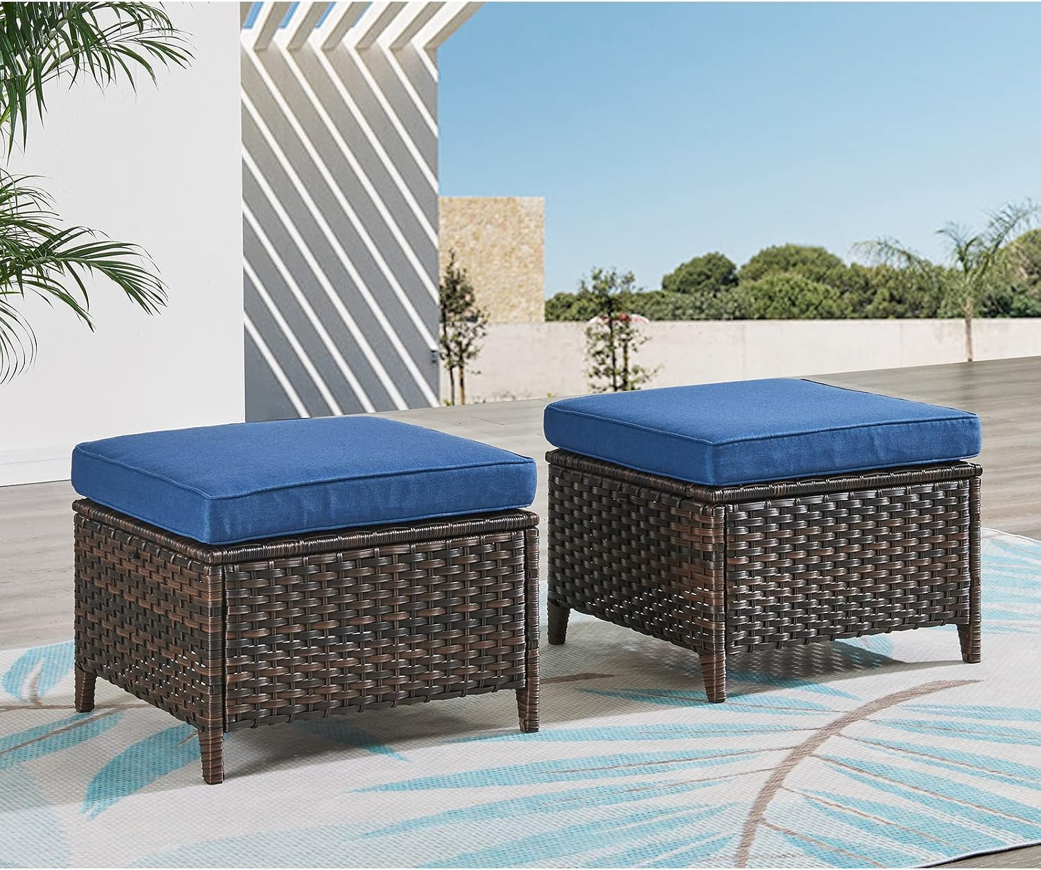 HUMMUH Outdoor Ottomans for Patio Set of 2 PE Wicker Steel Frame Outdoor Footsto