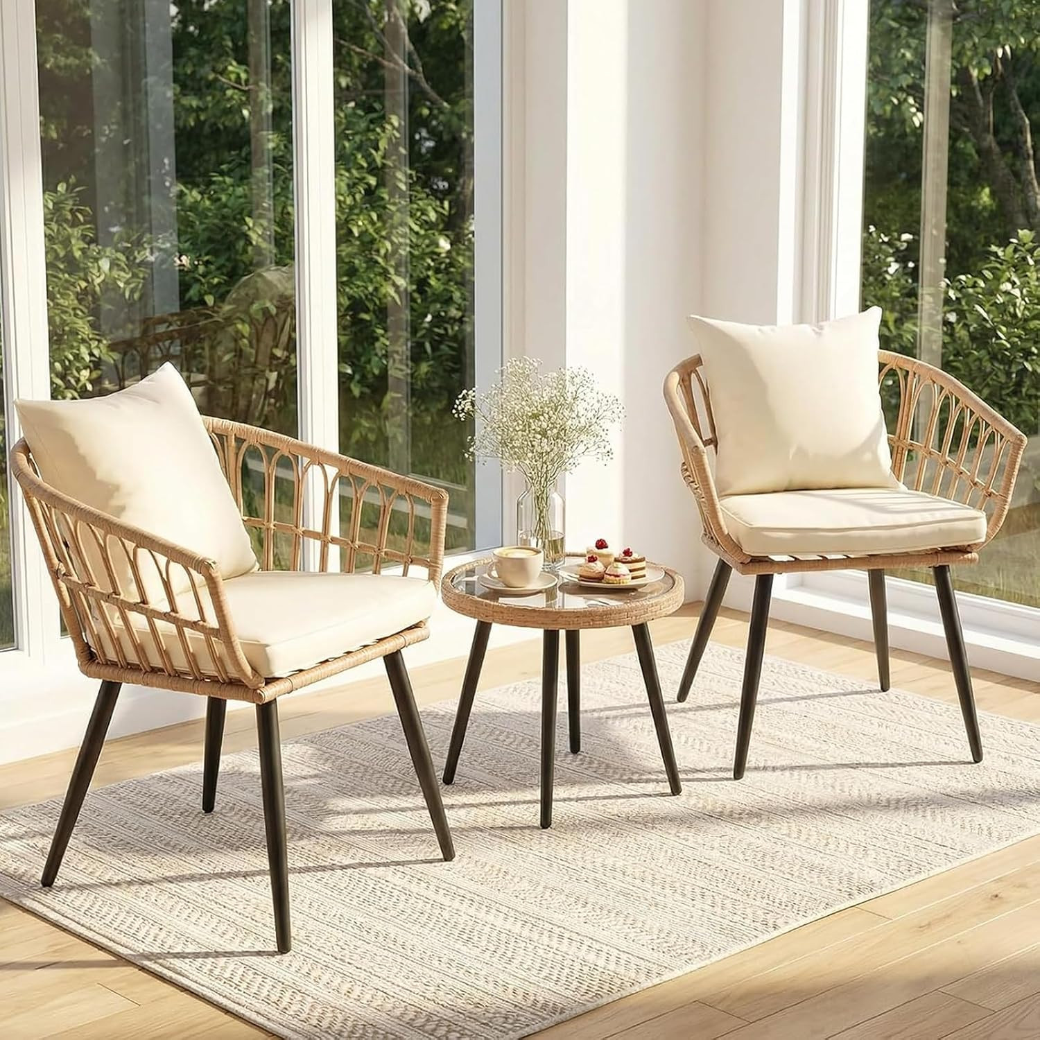 3 Piece Outdoor Patio Bistro Set,All-Weather Modern Wicker Table and Chairs Set