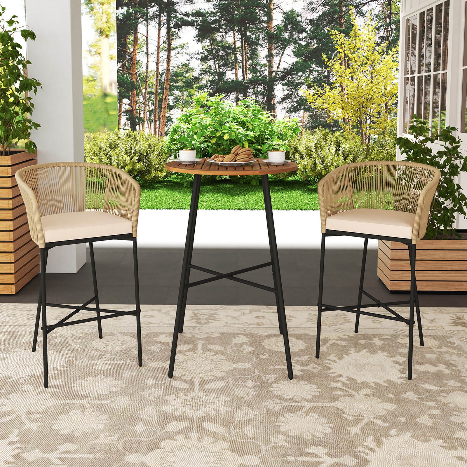 3 PCS Rope Woven Patio Bar Set with Soft Cushions and Acacia Wood Tabletop
