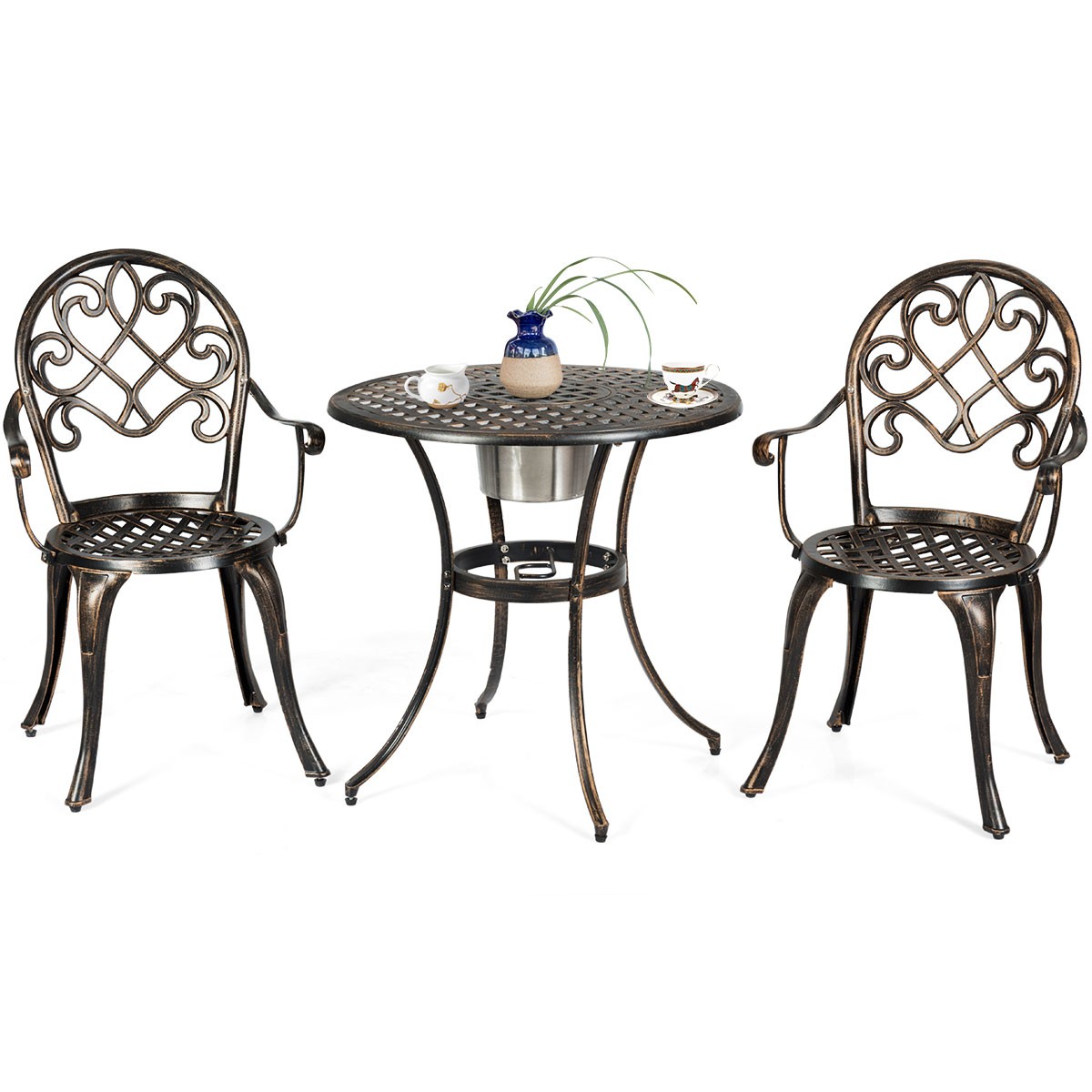 3pcs Outdoor Set Cast Aluminum Patio Bistro w/Attached Removable Ice Bucket