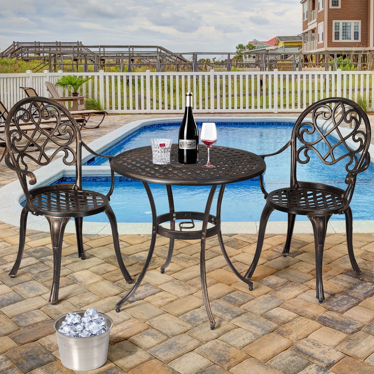 3pcs Outdoor Set Cast Aluminum Patio Bistro w/Attached Removable Ice Bucket