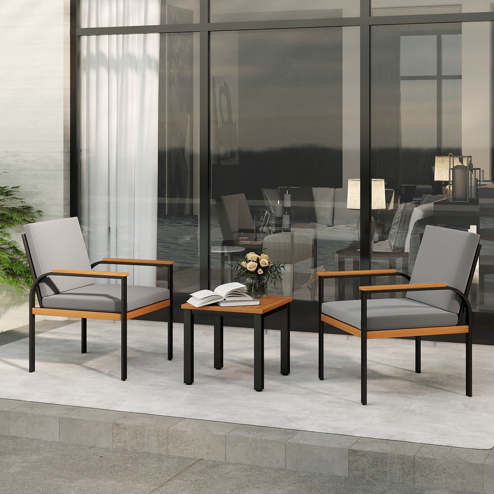 3 PCS Patio Furniture Set w/Coffee Table Removable Cushions Acacia Wood Armrests