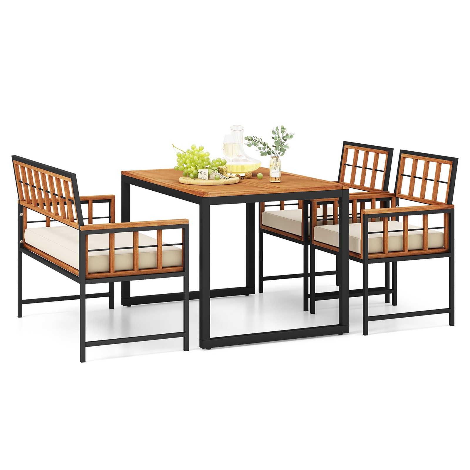 4 Pieces Acacia Wood Patio Dining Set w/ 1 Rectangular Table & 1 Loveseat & 2