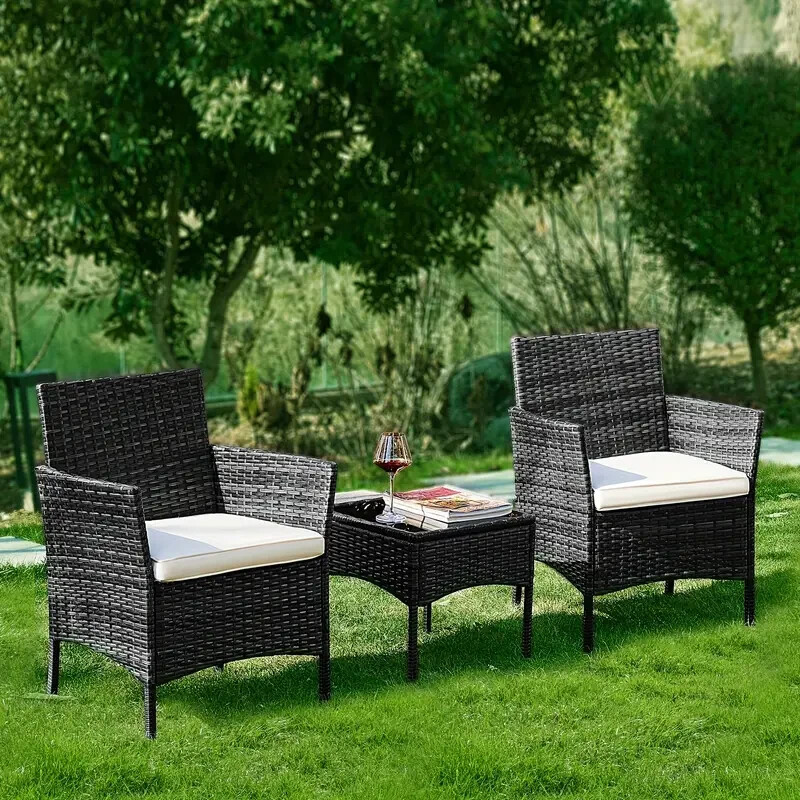 Outdoor Wicker Rattan Patio Chair Furniture pair & Small Side Coffee Table Glass